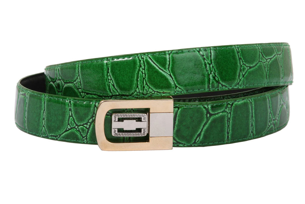 1 1/8 Inch Clamp On One Size Fits All Feather Edged Croco Print Patent Faux Leather Dress Belt - OnlineBelts