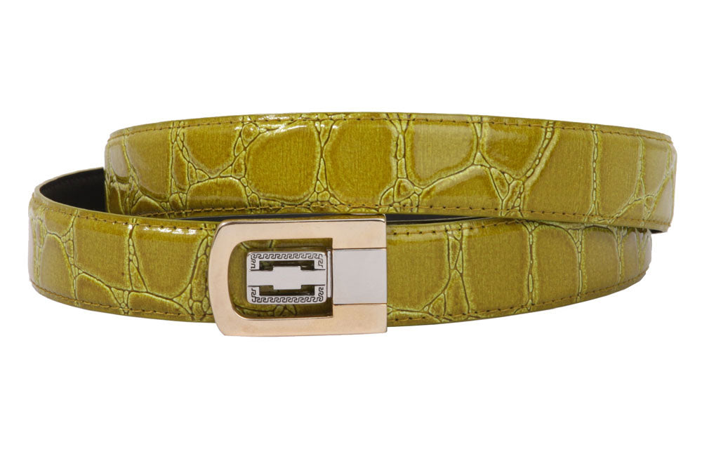 1 1/8 Inch Clamp On One Size Fits All Feather Edged Croco Print Patent Faux Leather Dress Belt - OnlineBelts