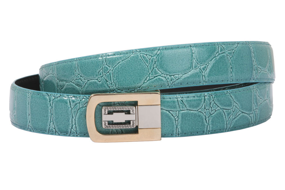 1 1/8 Inch Clamp On One Size Fits All Feather Edged Croco Print Patent Faux Leather Dress Belt - OnlineBelts