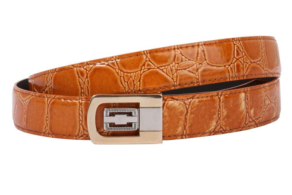 1 1/8 Inch Clamp On One Size Fits All Feather Edged Croco Print Patent Faux Leather Dress Belt - OnlineBelts