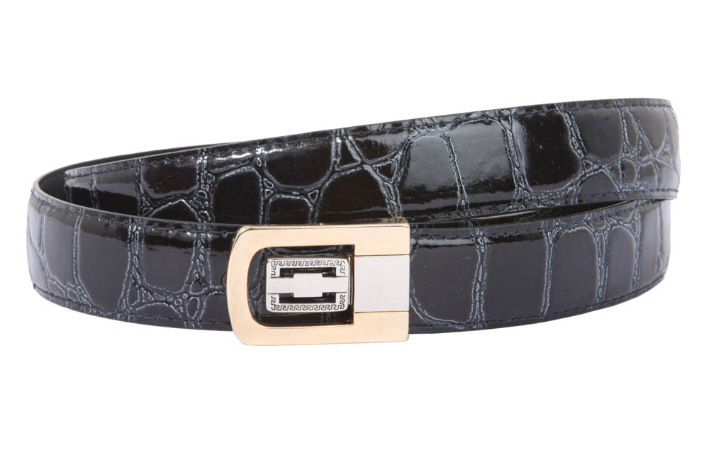 1 1/8 Inch Clamp On One Size Fits All Feather Edged Croco Print Patent Faux Leather Dress Belt - OnlineBelts