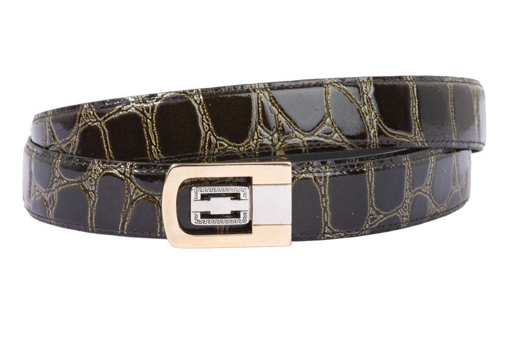 1 1/8 Inch Clamp On One Size Fits All Feather Edged Croco Print Patent Faux Leather Dress Belt - OnlineBelts