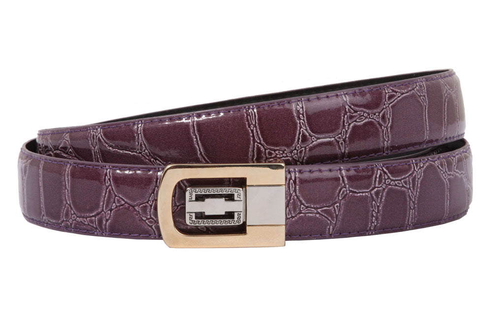 1 1/8 Inch Clamp On One Size Fits All Feather Edged Croco Print Patent Faux Leather Dress Belt - OnlineBelts