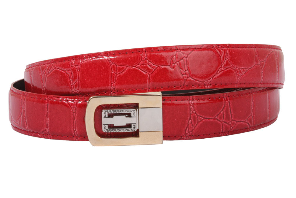 1 1/8 Inch Clamp On One Size Fits All Feather Edged Croco Print Patent Faux Leather Dress Belt - OnlineBelts