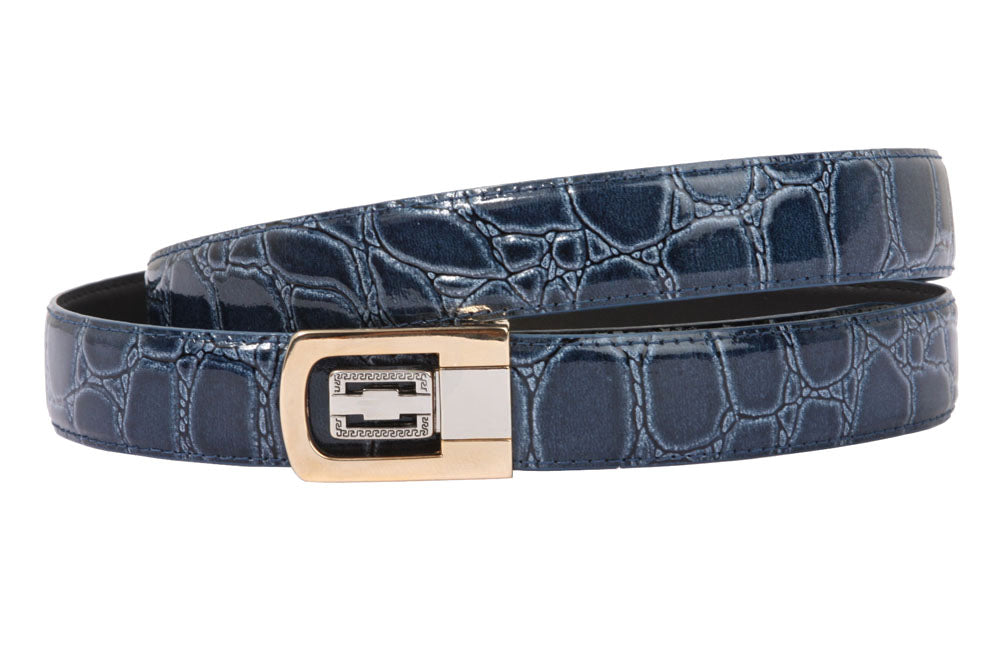 1 1/8 Inch Clamp On One Size Fits All Feather Edged Croco Print Patent Faux Leather Dress Belt - OnlineBelts