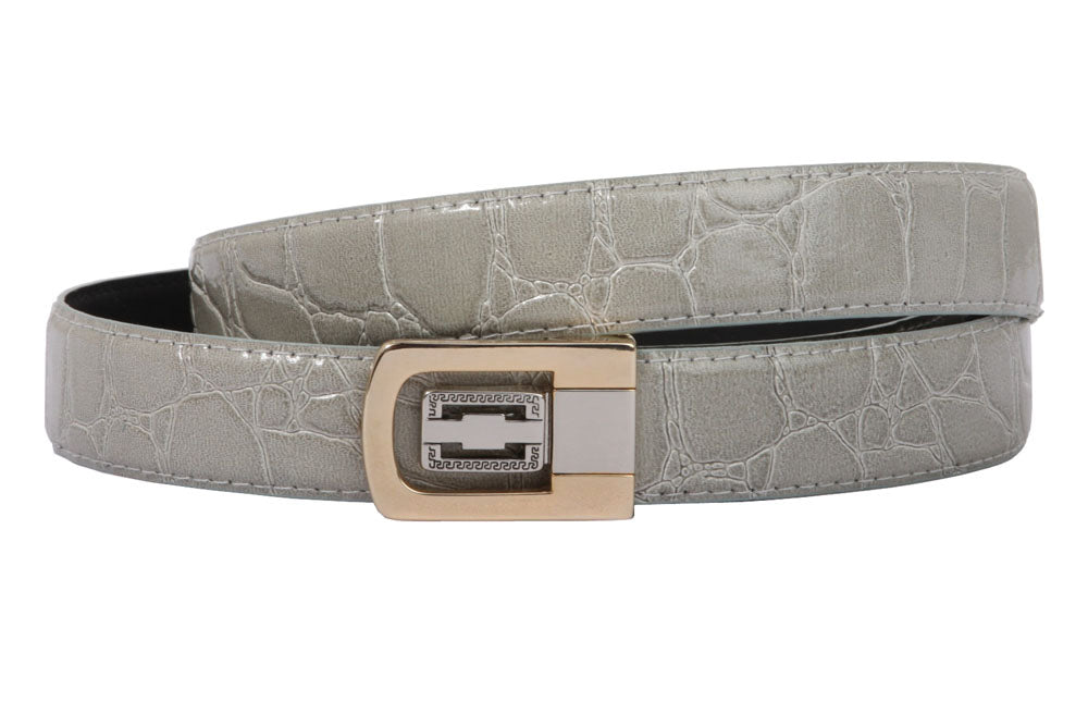 1 1/8 Inch Clamp On One Size Fits All Feather Edged Croco Print Patent Faux Leather Dress Belt - OnlineBelts