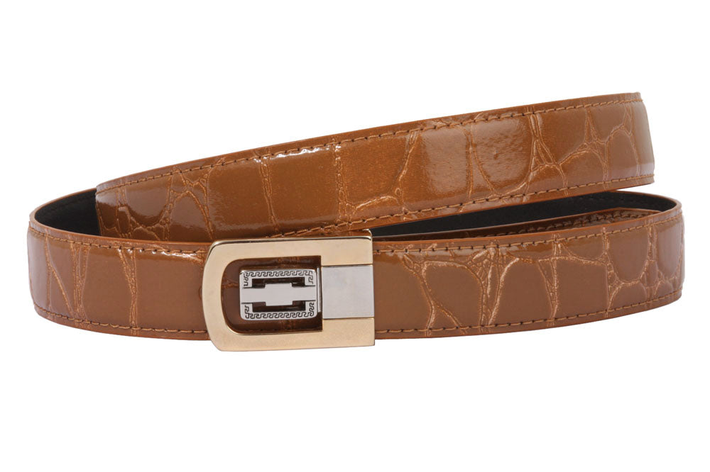 1 1/8 Inch Clamp On One Size Fits All Feather Edged Croco Print Patent Faux Leather Dress Belt - OnlineBelts