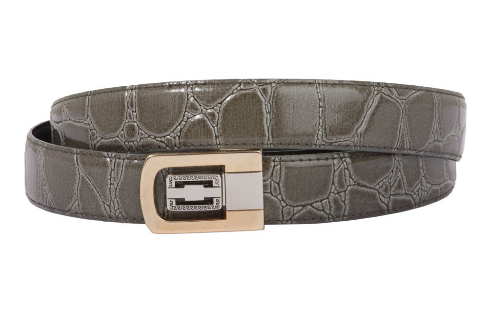 1 1/8 Inch Clamp On One Size Fits All Feather Edged Croco Print Patent Faux Leather Dress Belt - OnlineBelts