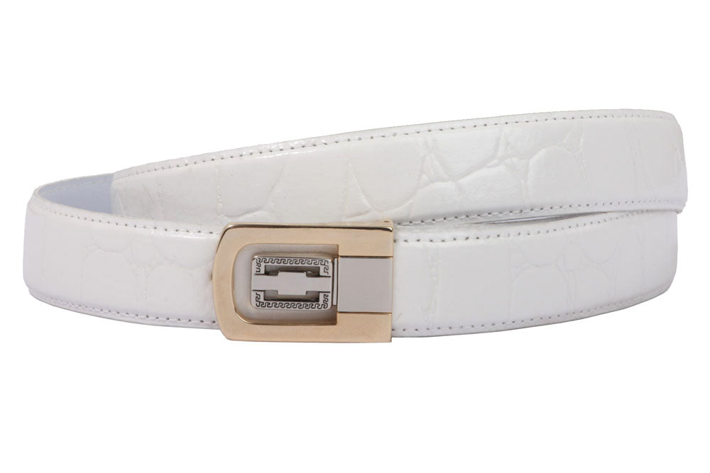 1 1/8 Inch Clamp On One Size Fits All Feather Edged Croco Print Patent Faux Leather Dress Belt - OnlineBelts