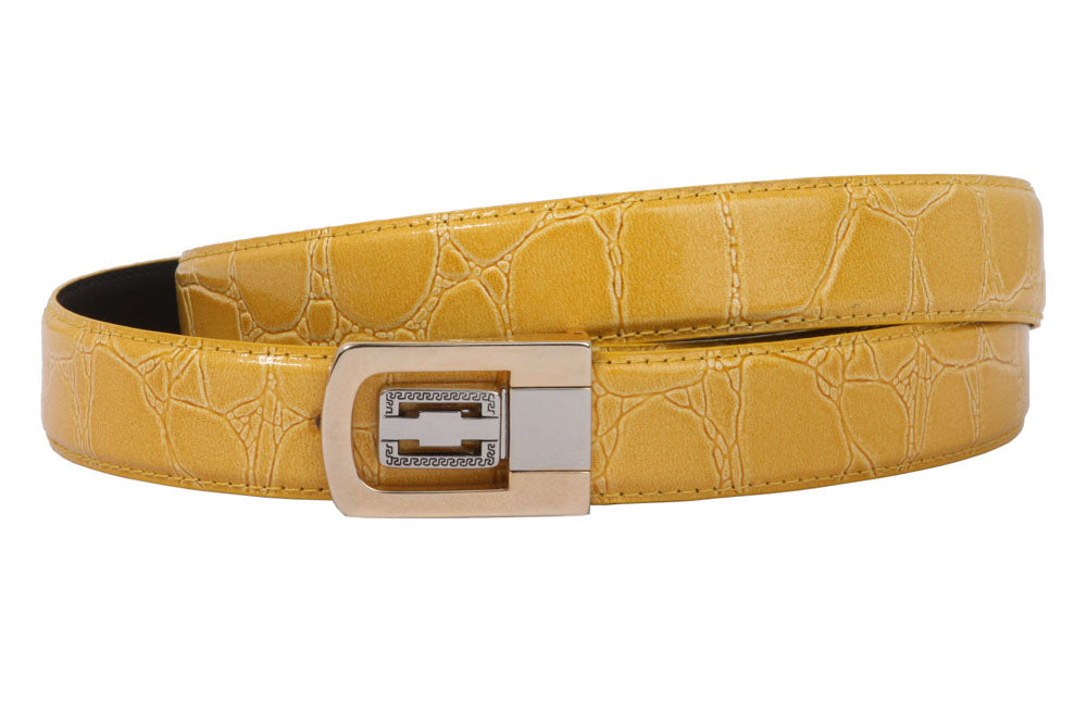 1 1/8 Inch Clamp On One Size Fits All Feather Edged Croco Print Patent Faux Leather Dress Belt - OnlineBelts