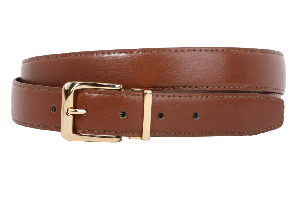 1 1/8 Inch Clamp On Single Loop Gold One Size Fits All Feather Edged Faux Leather Dress Belt - OnlineBelts