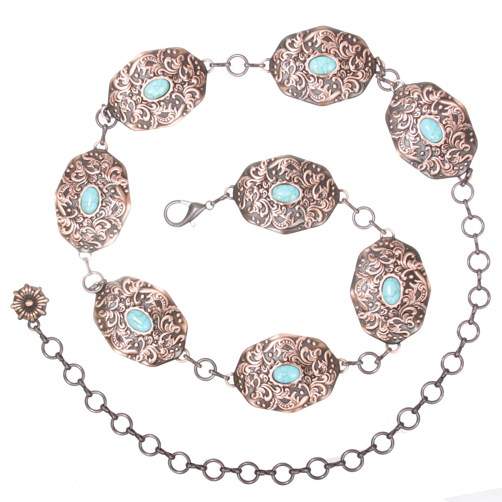 Women's Western Turquoise Blue Stone Oval Concho Chain Belt - OnlineBelts