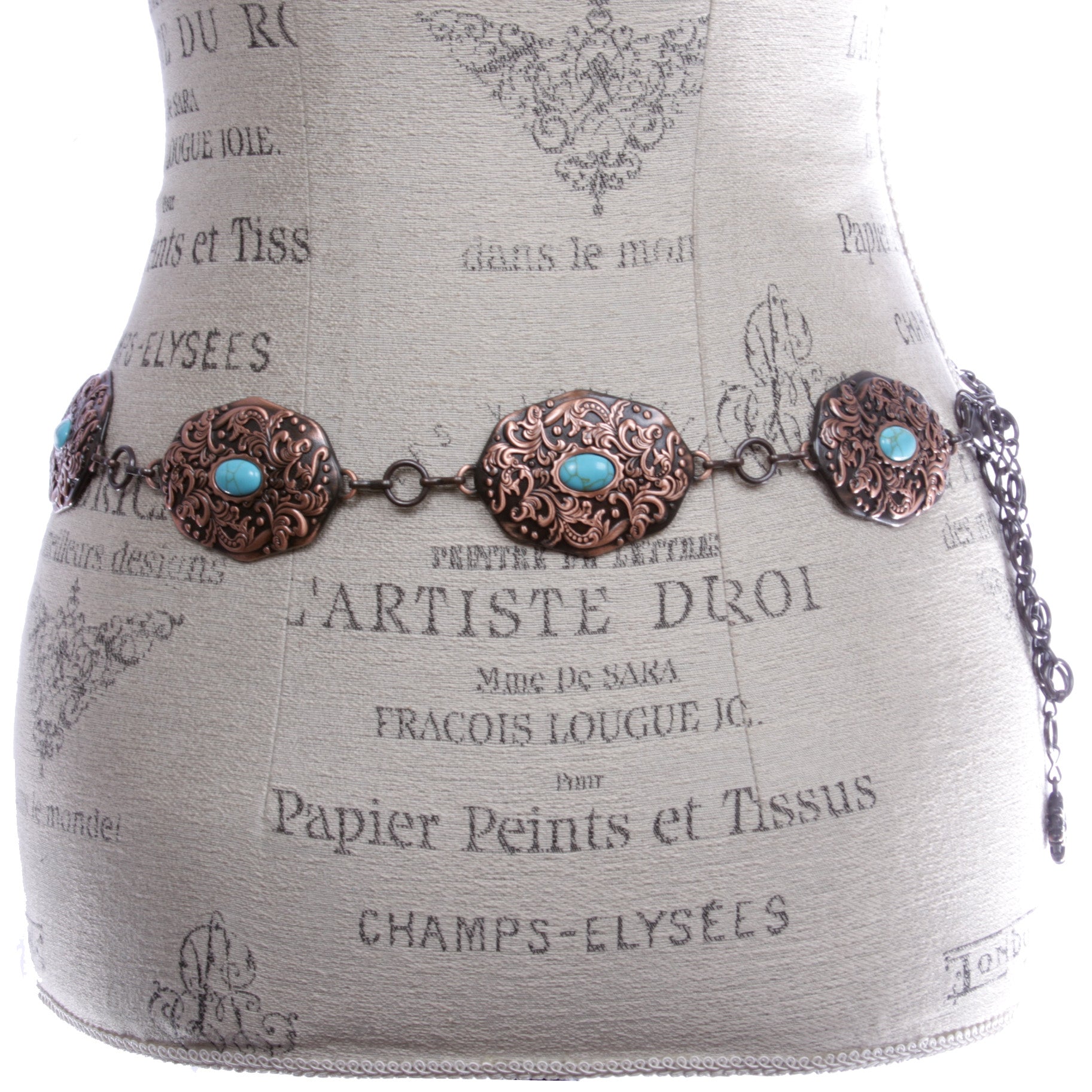 Women's Western Turquoise Blue Stone Oval Concho Chain Belt - OnlineBelts