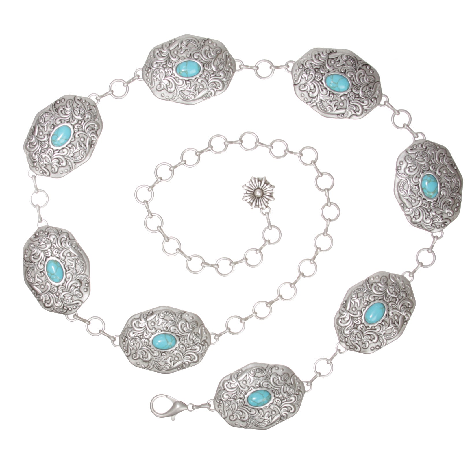 Women's Western Turquoise Blue Stone Oval Concho Chain Belt - OnlineBelts