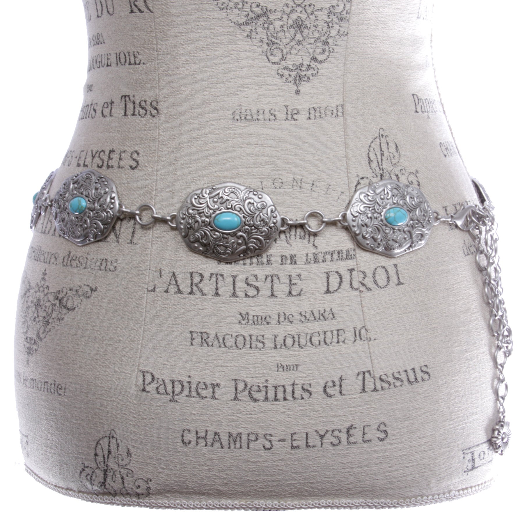 Women's Western Turquoise Blue Stone Oval Concho Chain Belt - OnlineBelts