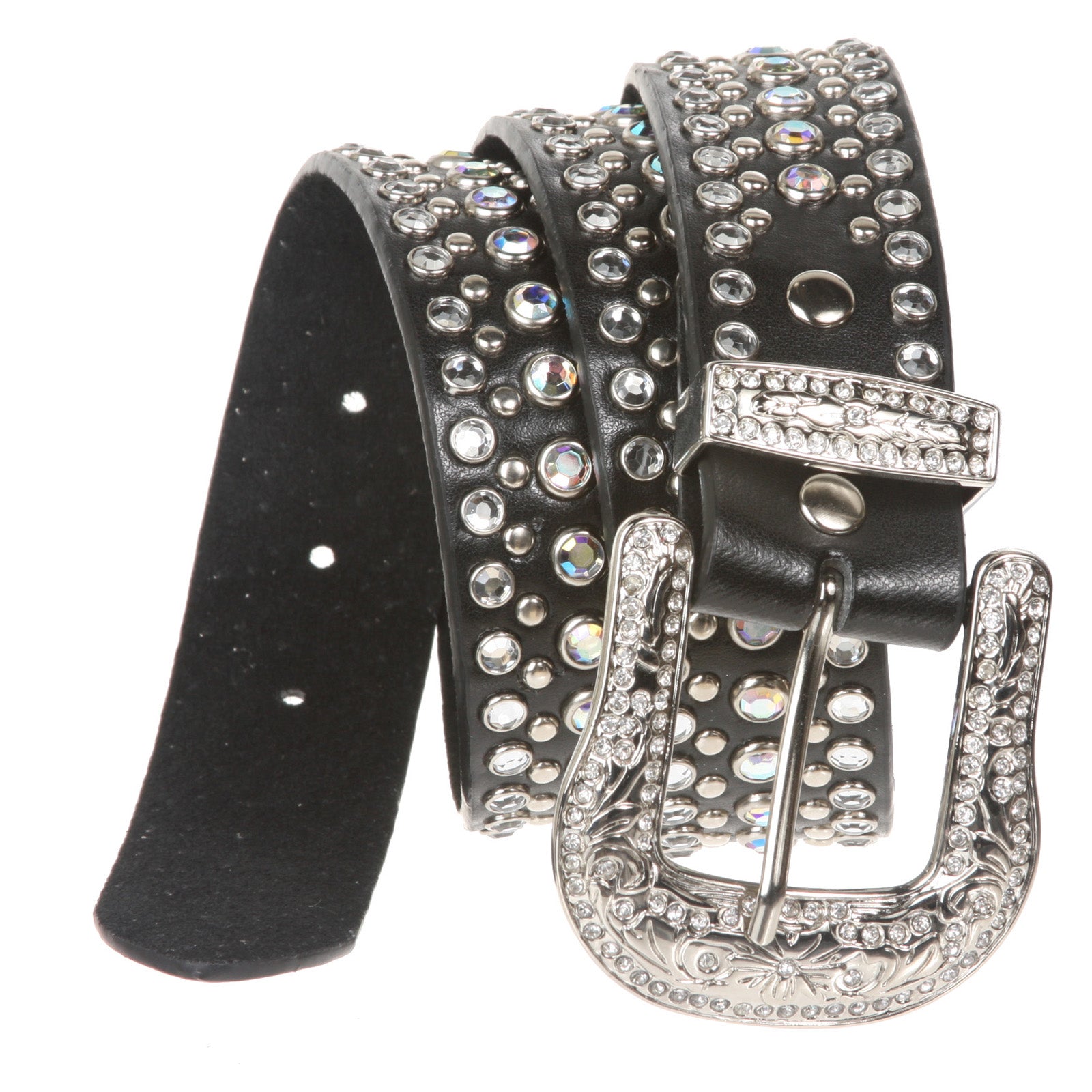 Rhinestone Metallic Leather Studded Belt with Western Rhinestone Removable Buckle - OnlineBelts
