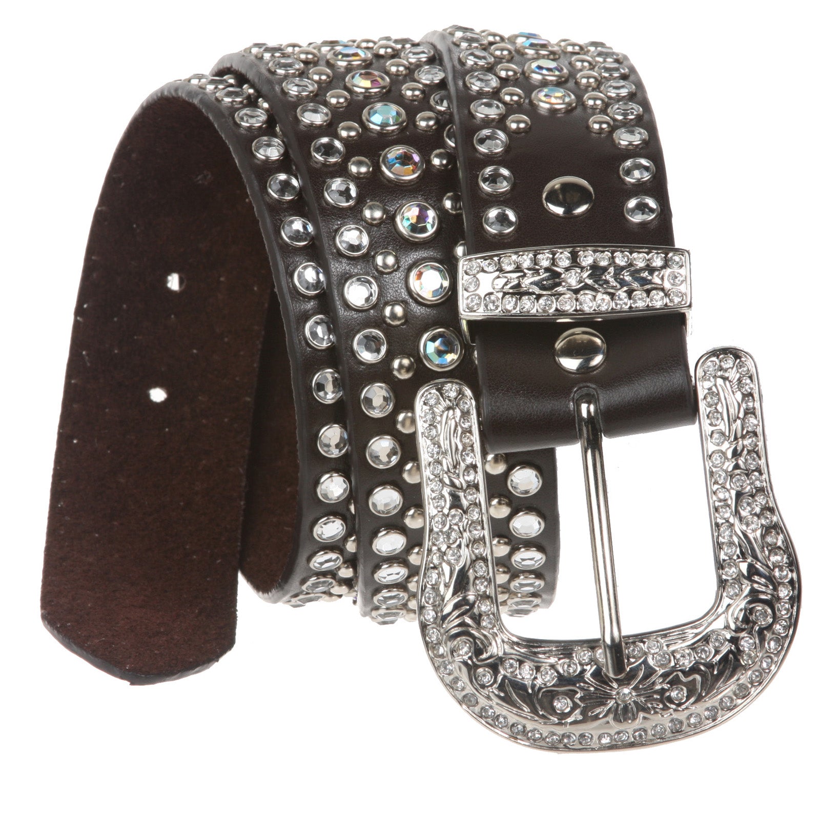 Rhinestone Metallic Leather Studded Belt with Western Rhinestone Removable Buckle - OnlineBelts