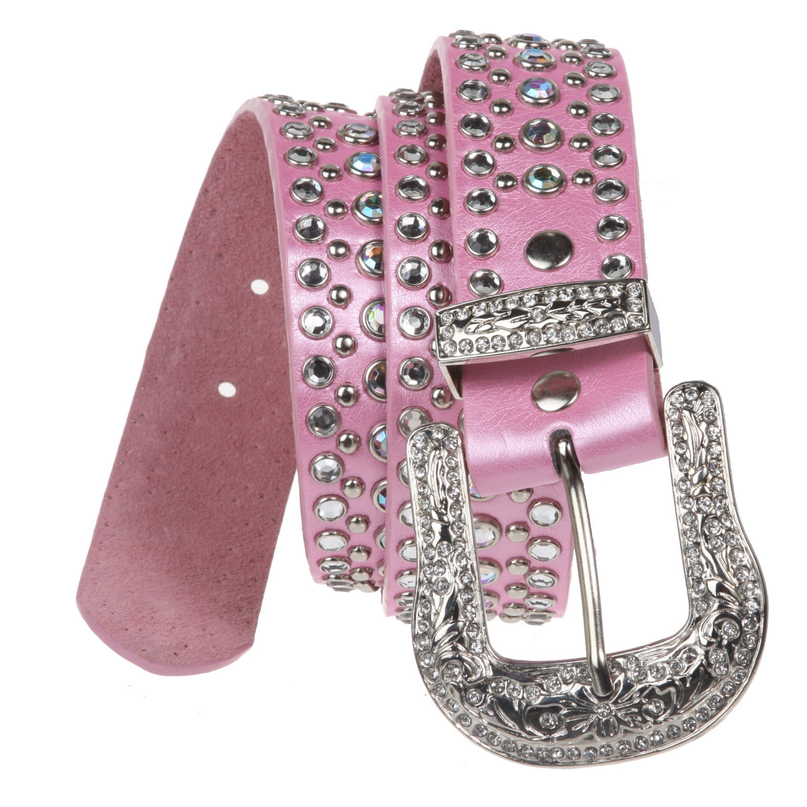 Rhinestone Metallic Leather Studded Belt with Western Rhinestone Removable Buckle - OnlineBelts