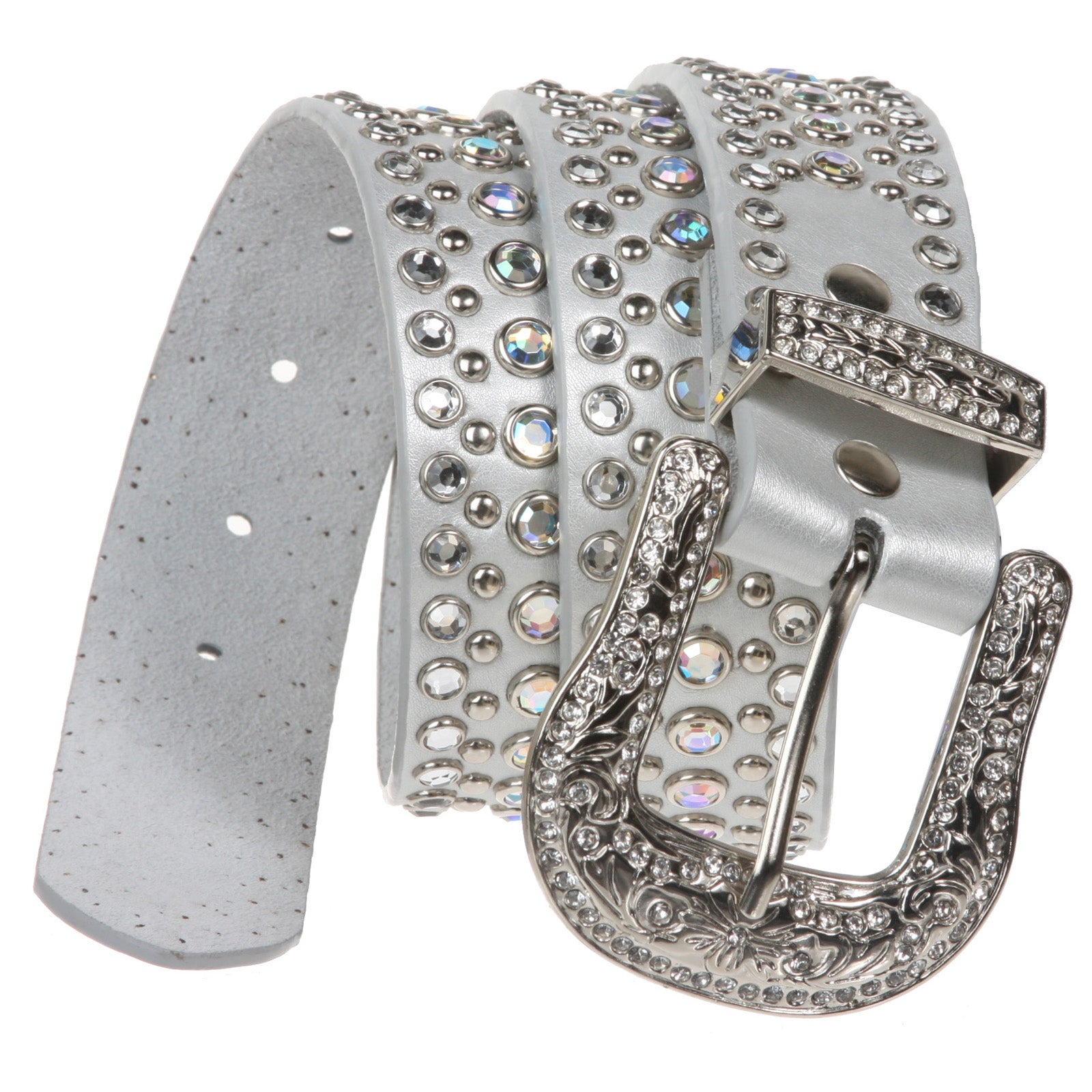 Rhinestone Metallic Leather Studded Belt with Western Rhinestone Removable Buckle - OnlineBelts