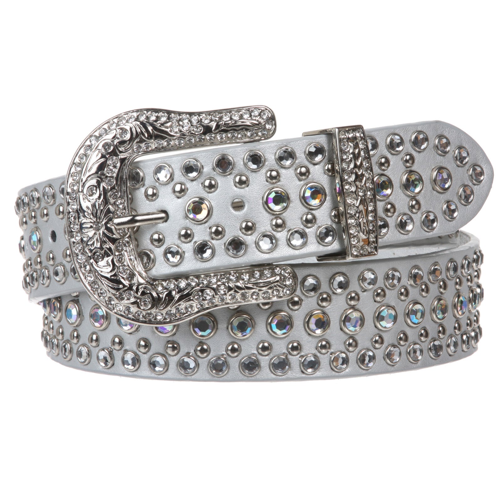 Rhinestone Metallic Leather Studded Belt with Western Rhinestone Removable Buckle - OnlineBelts