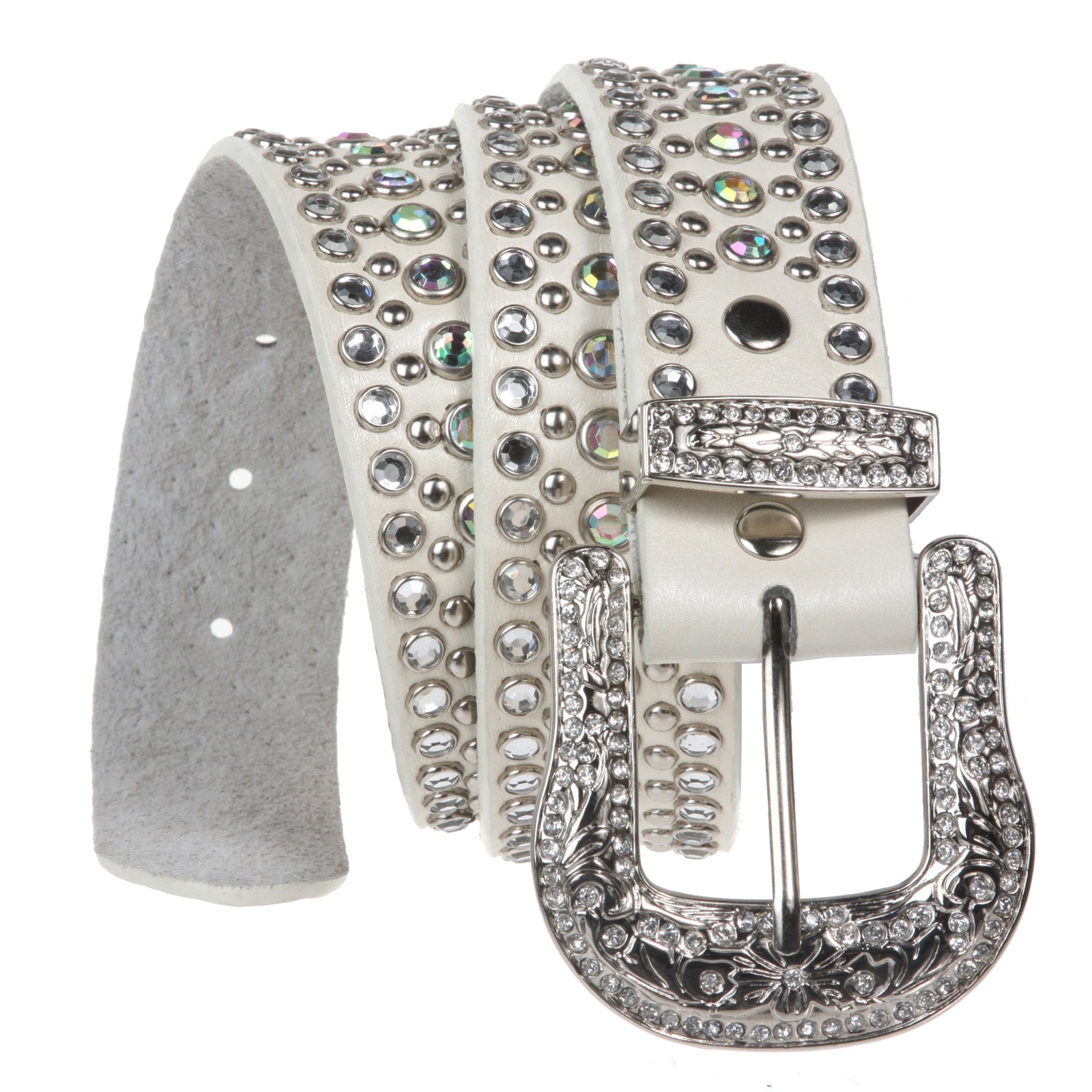 Rhinestone Metallic Leather Studded Belt with Western Rhinestone Removable Buckle - OnlineBelts