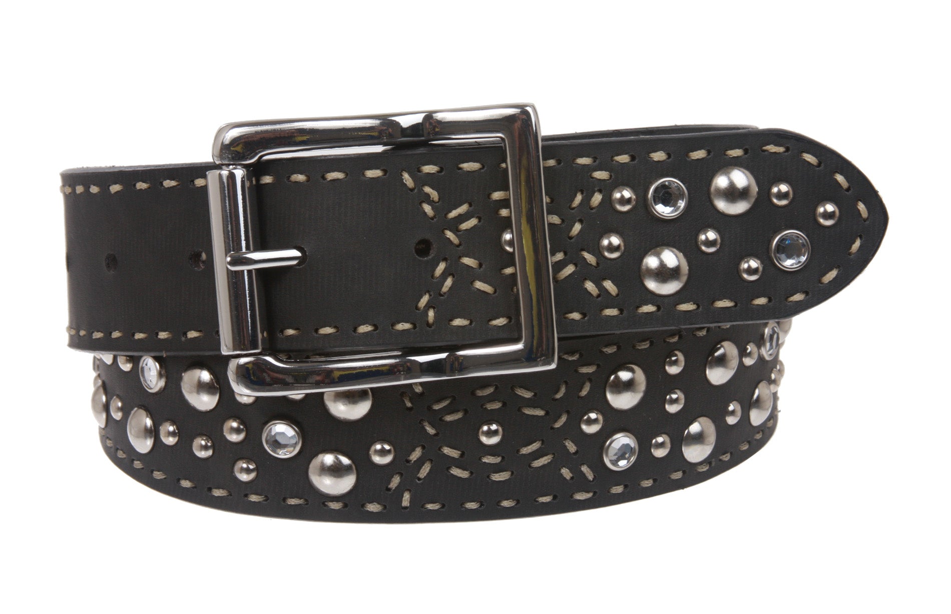 Snap On Rhinestone Rivet Studs Leather Belt - OnlineBelts