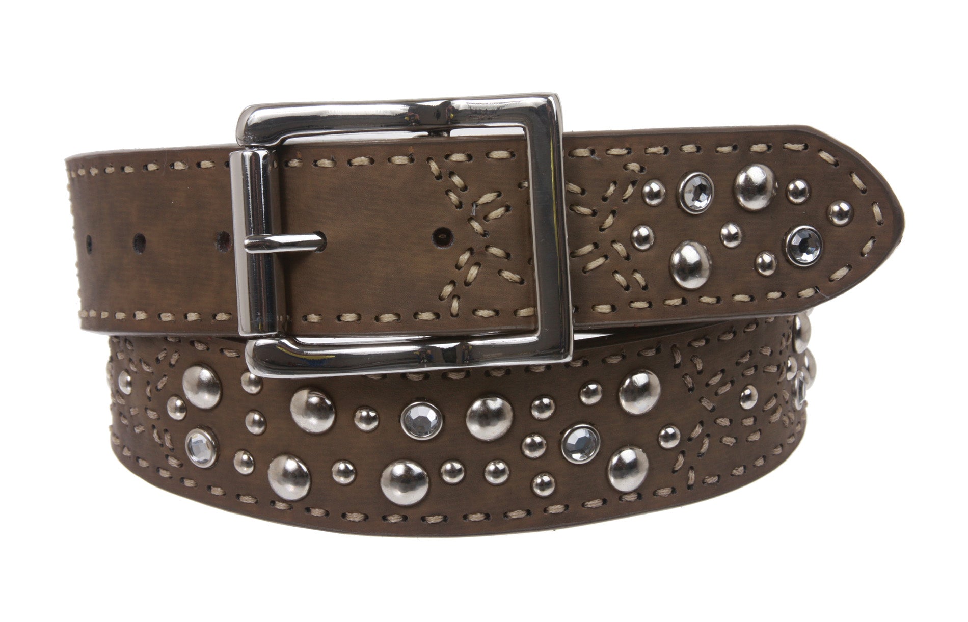 Snap On Rhinestone Rivet Studs Leather Belt - OnlineBelts