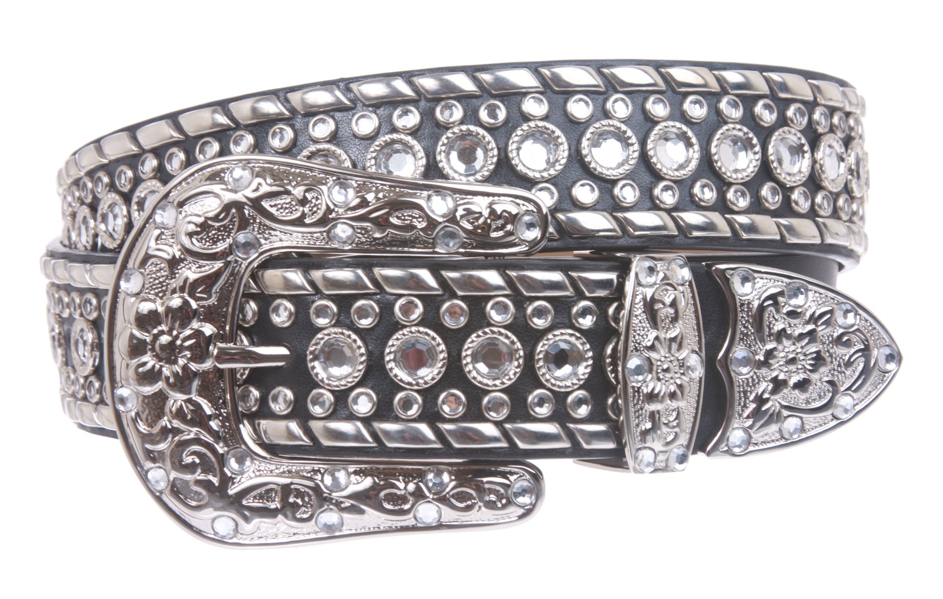 Western Rhinestone Silver Studded Leather Belt - OnlineBelts