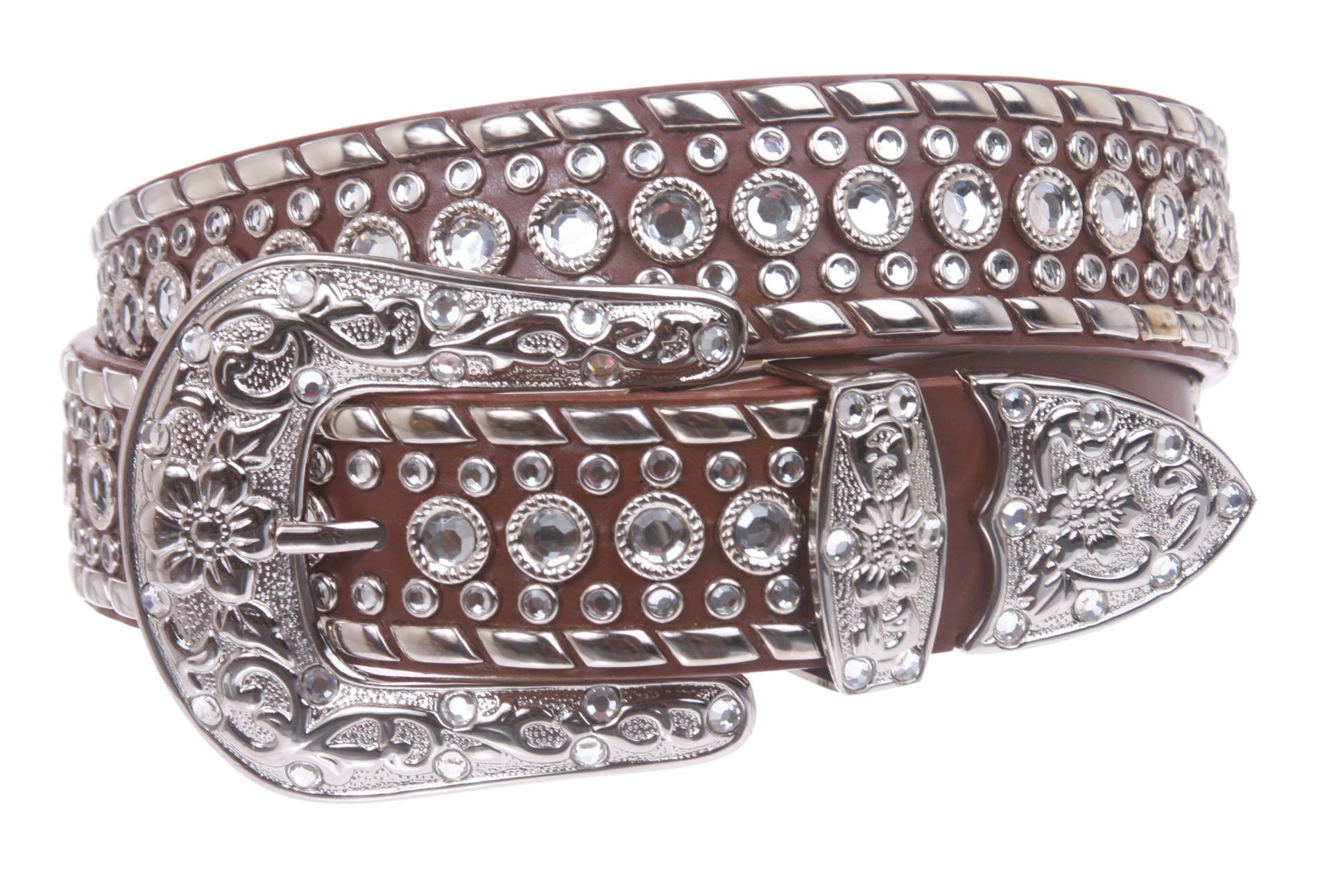 Western Rhinestone Silver Studded Leather Belt - OnlineBelts