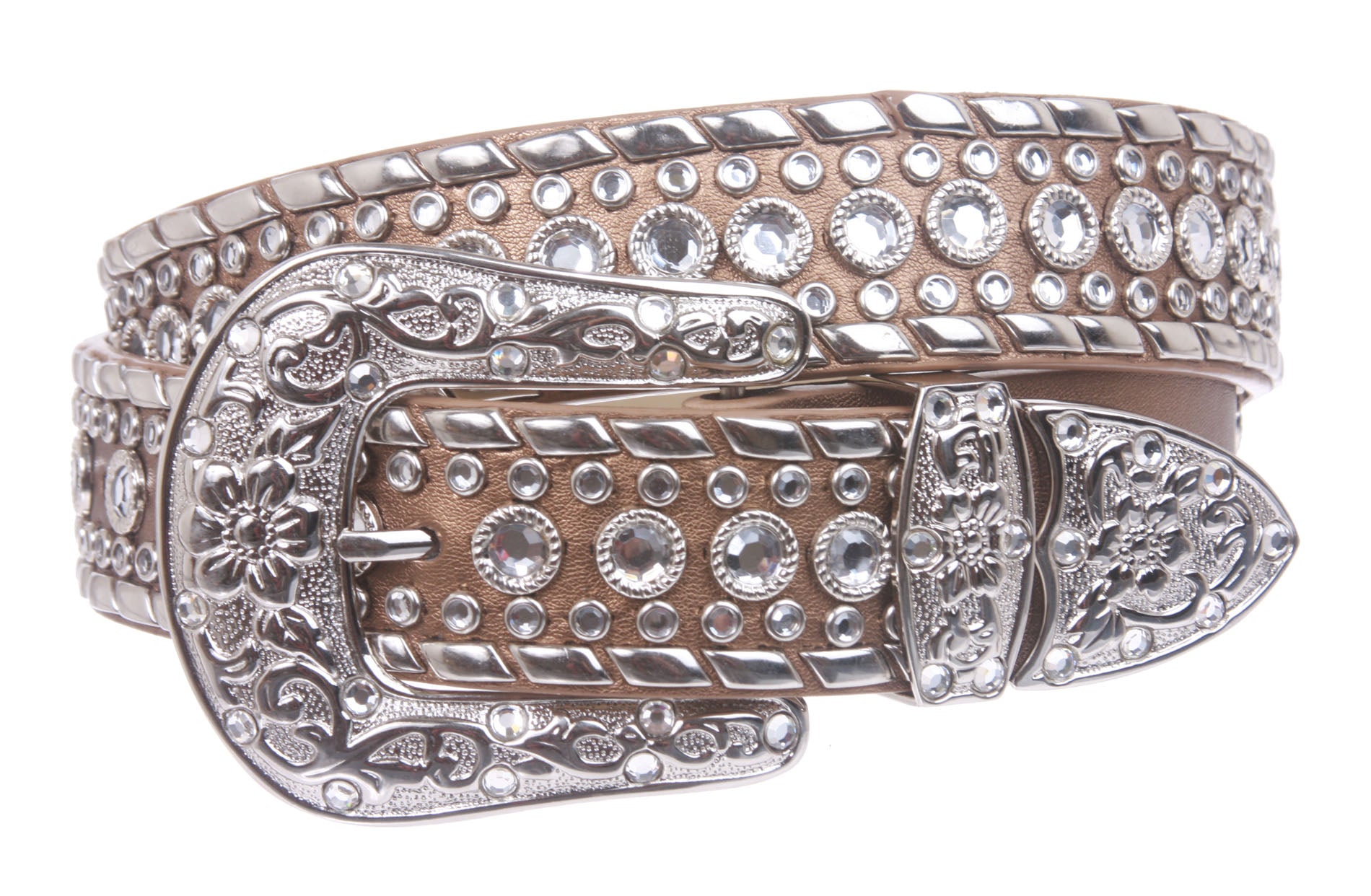 Western Rhinestone Silver Studded Leather Belt - OnlineBelts