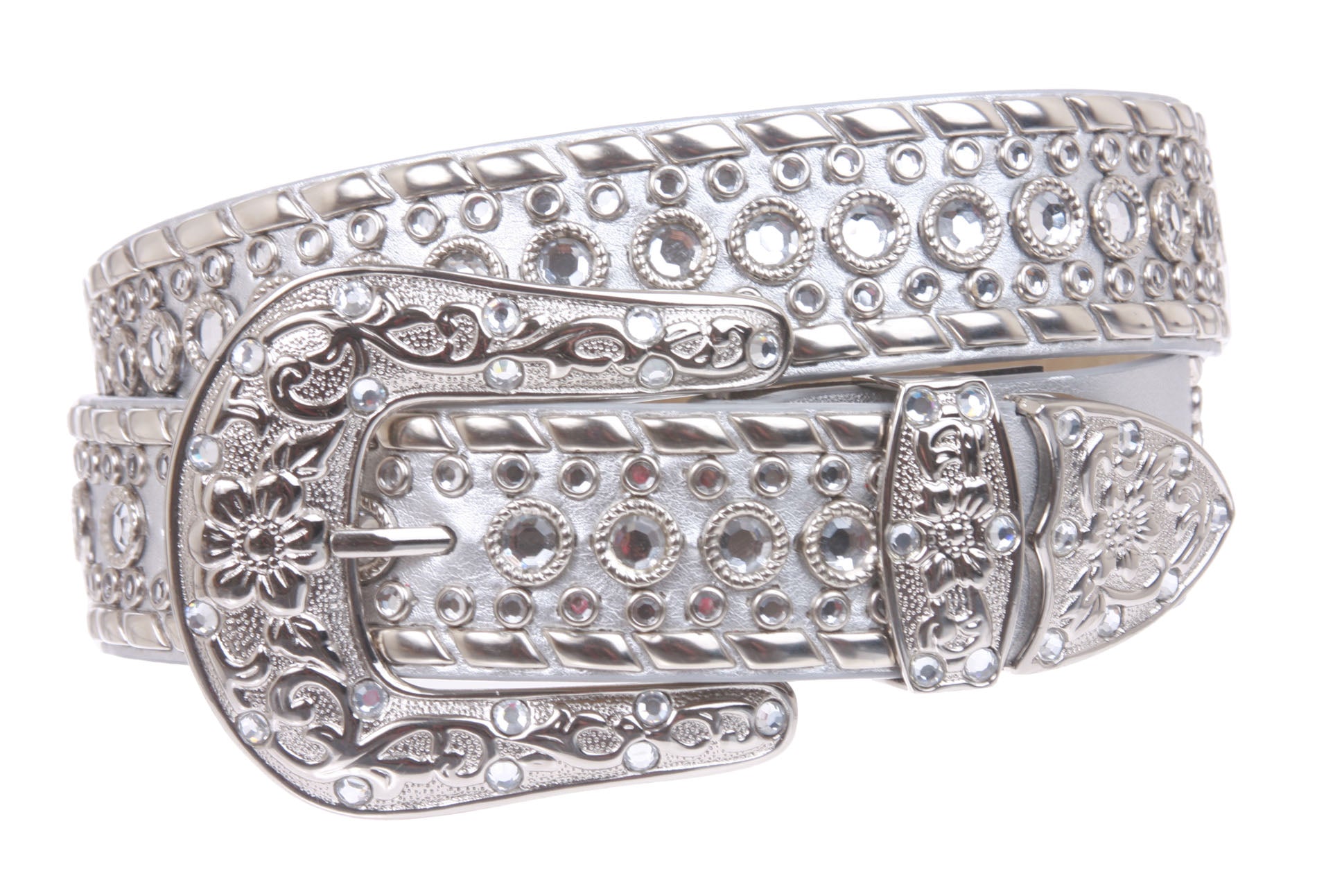 Western Rhinestone Silver Studded Leather Belt - OnlineBelts