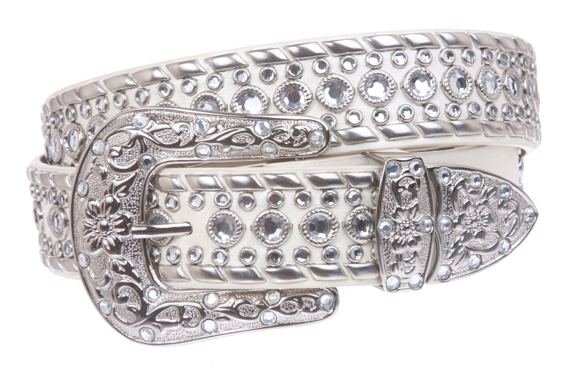 Western Rhinestone Silver Studded Leather Belt - OnlineBelts
