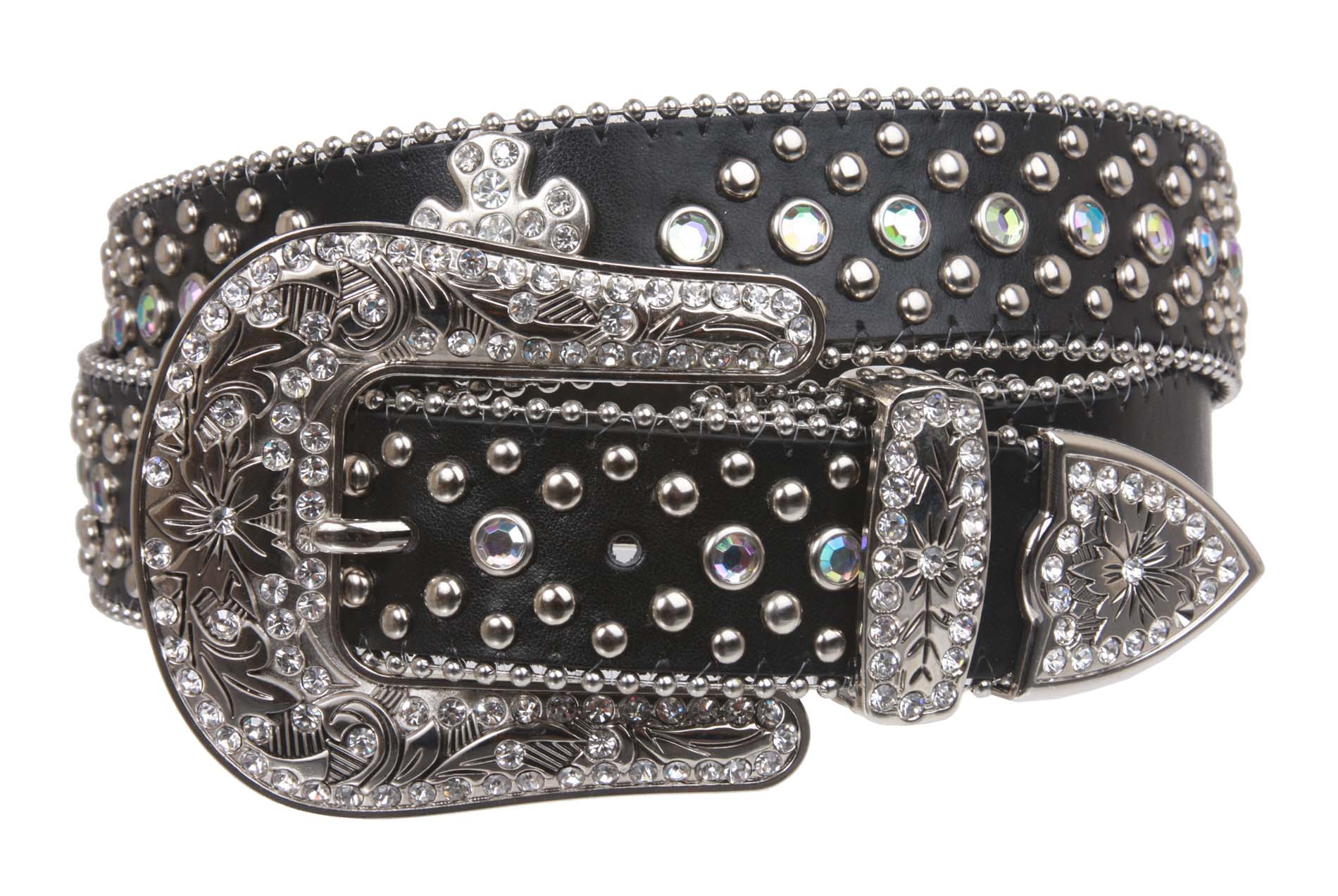 Western Rhinestone Silver Circle Studs and Cross Decoration Leather Belt - OnlineBelts