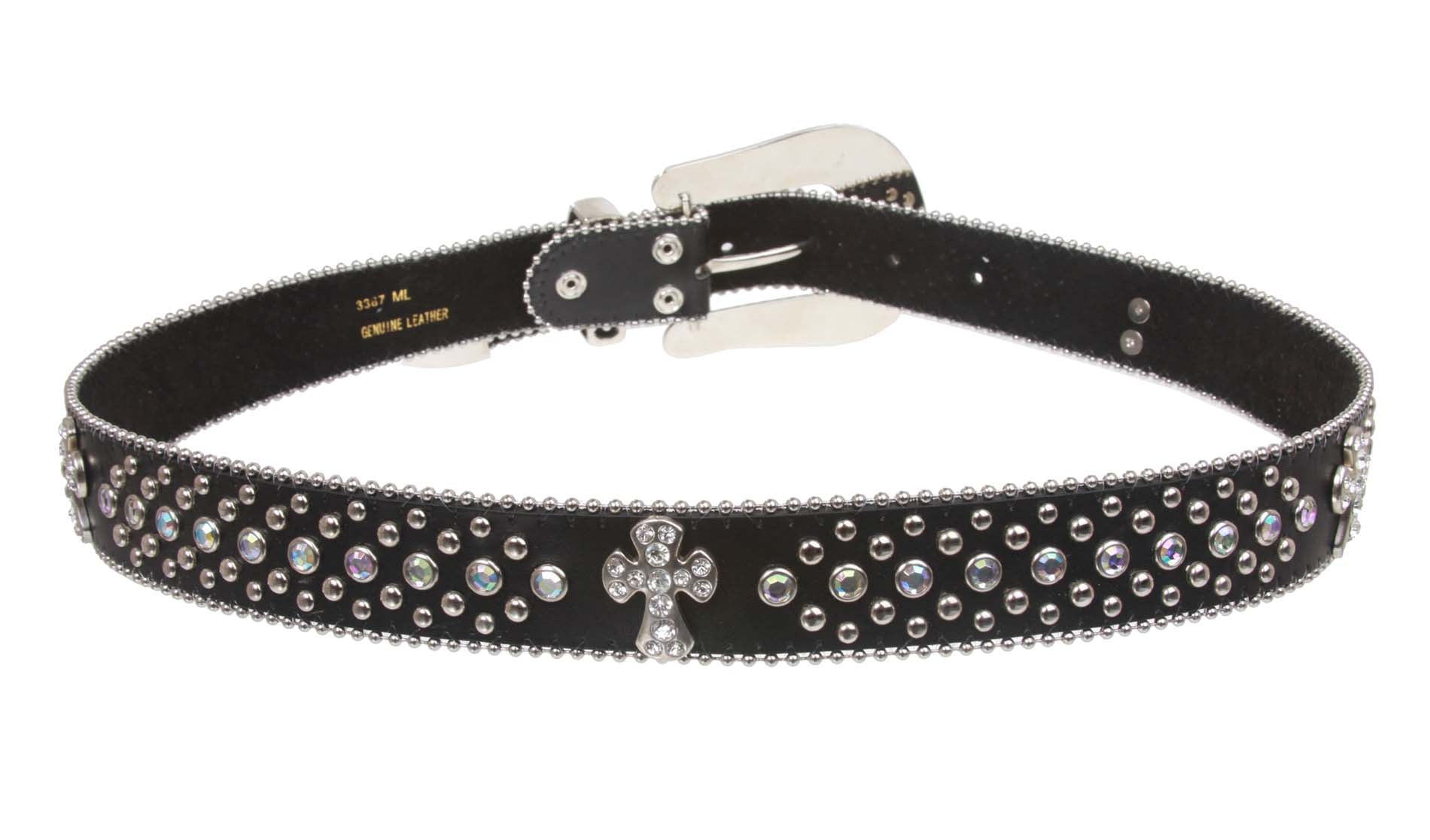 Western Rhinestone Silver Circle Studs and Cross Decoration Leather Belt - OnlineBelts