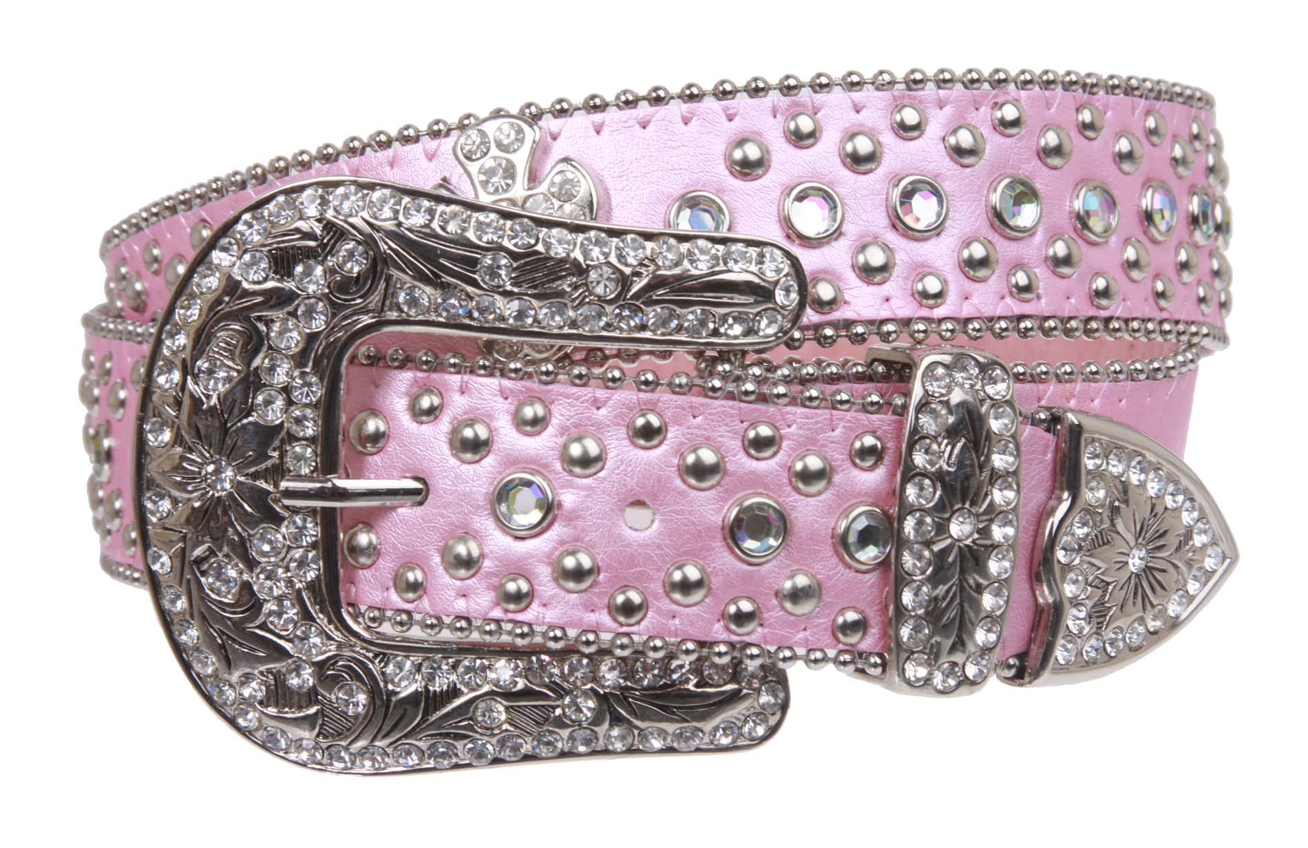 Western Rhinestone Silver Circle Studs and Cross Decoration Leather Belt - OnlineBelts