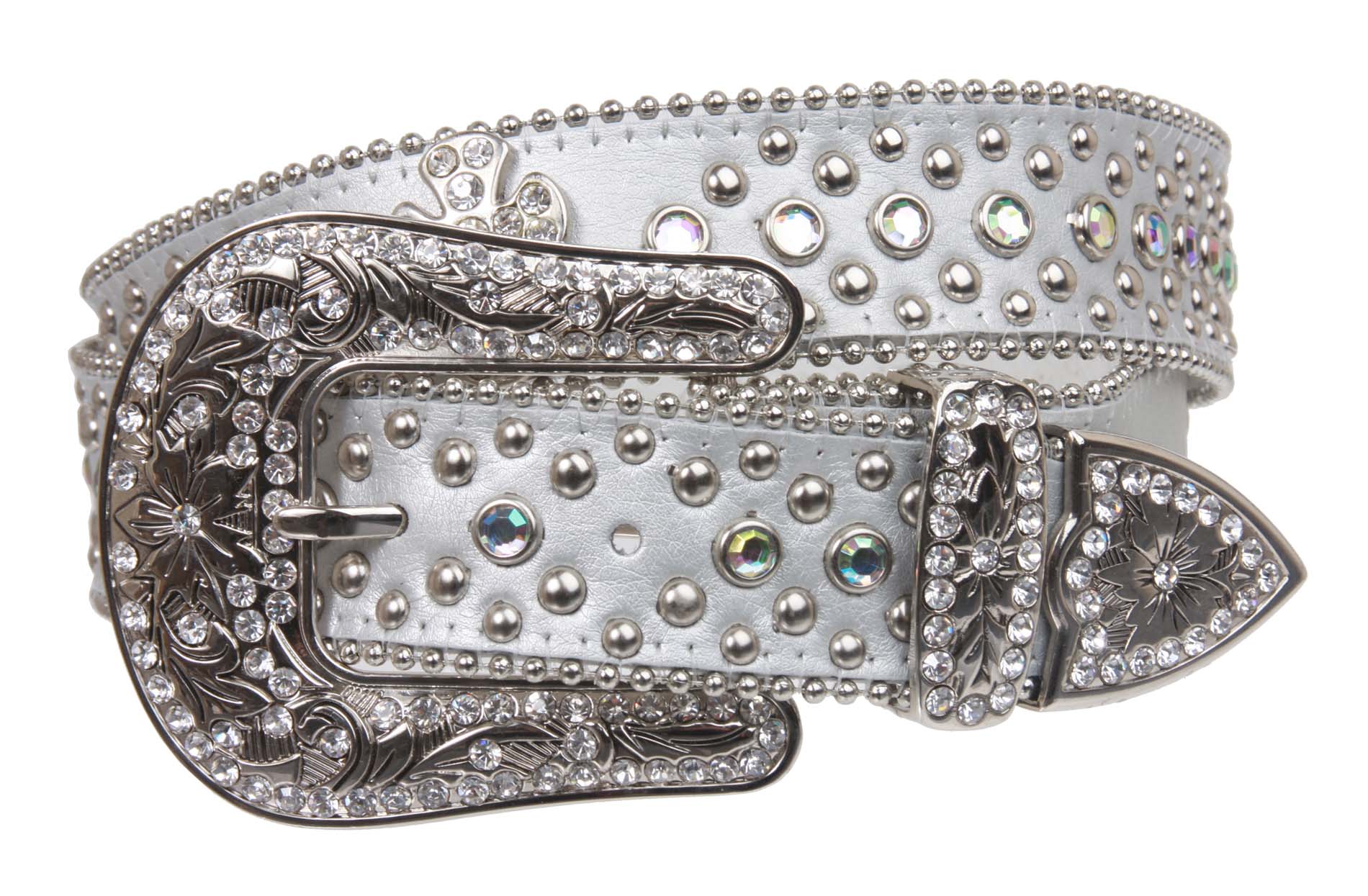 Western Rhinestone Silver Circle Studs and Cross Decoration Leather Belt - OnlineBelts