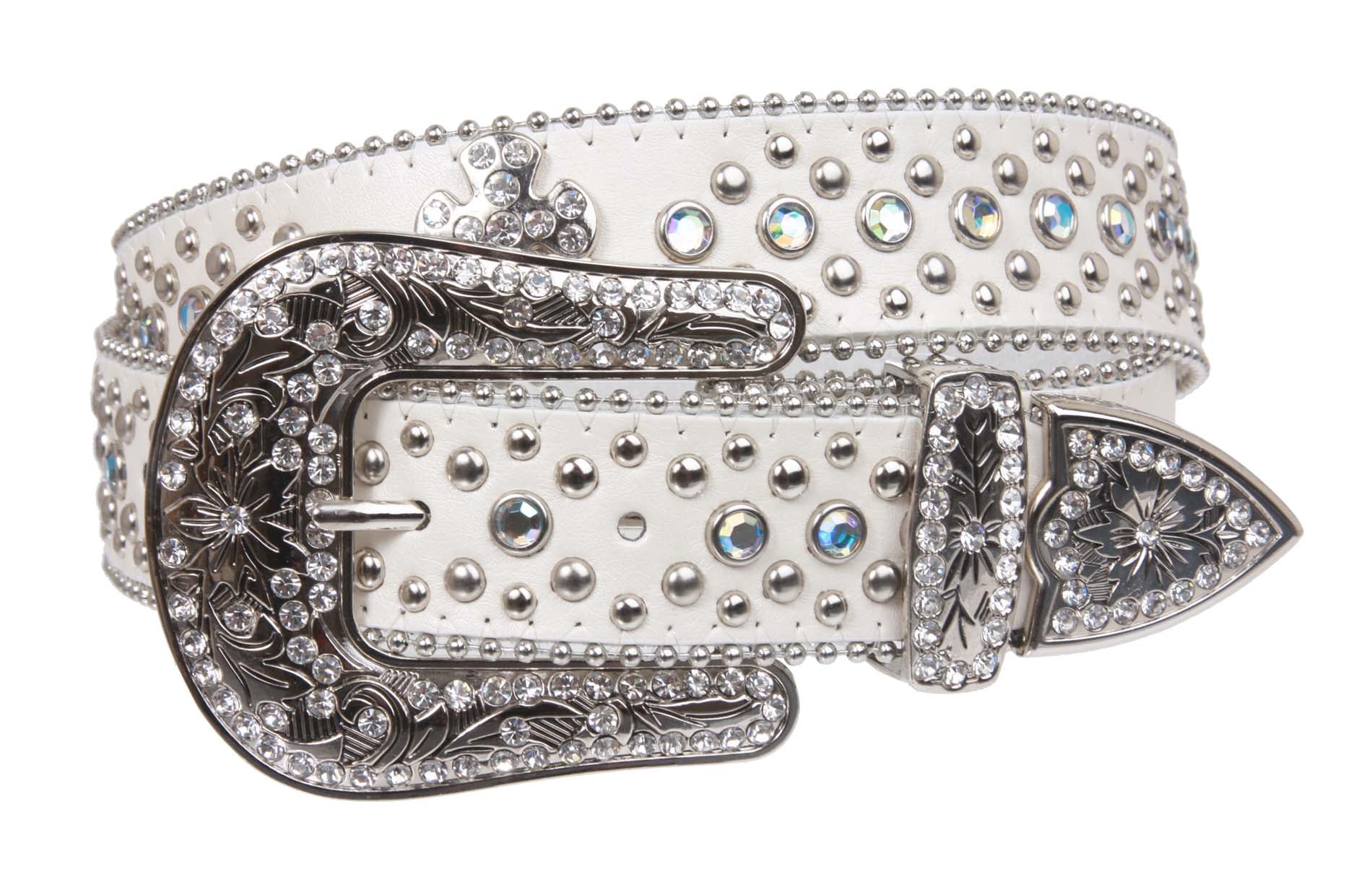 Western Rhinestone Silver Circle Studs and Cross Decoration Leather Belt - OnlineBelts