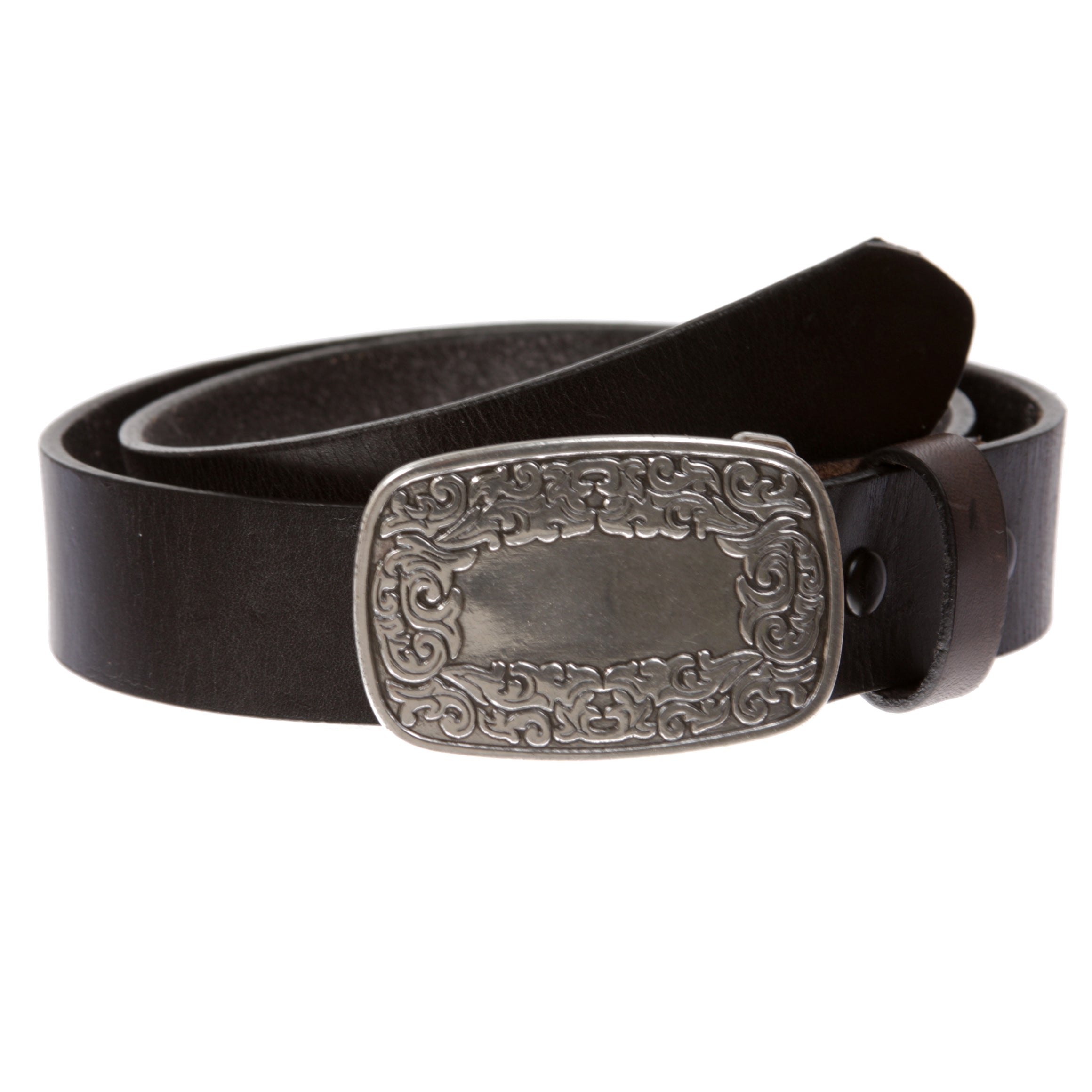 Snap On Leather Jean Belt with Western Fancy Scroll Engraving Oval Buckle - OnlineBelts