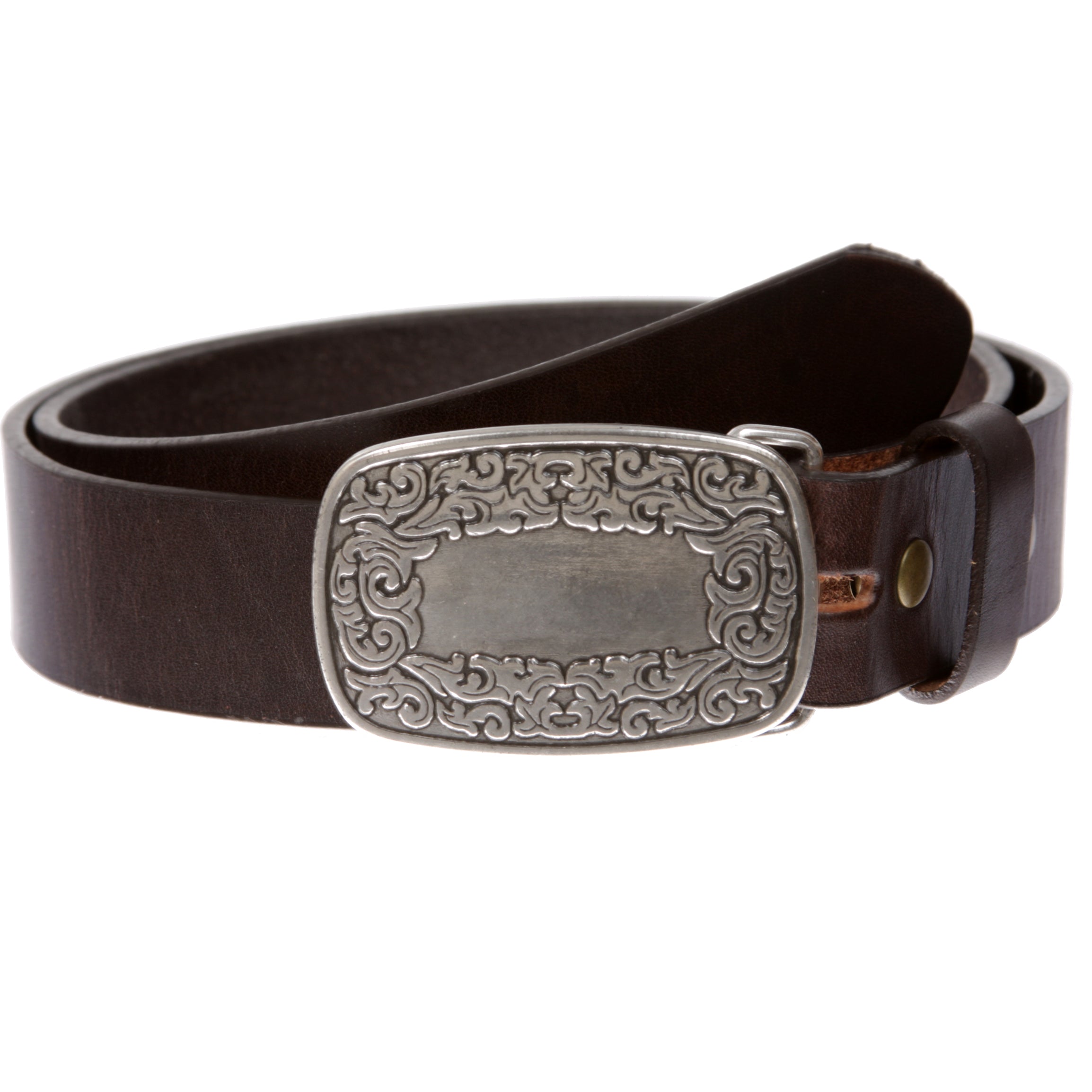 Snap On Leather Jean Belt with Western Fancy Scroll Engraving Oval Buckle - OnlineBelts