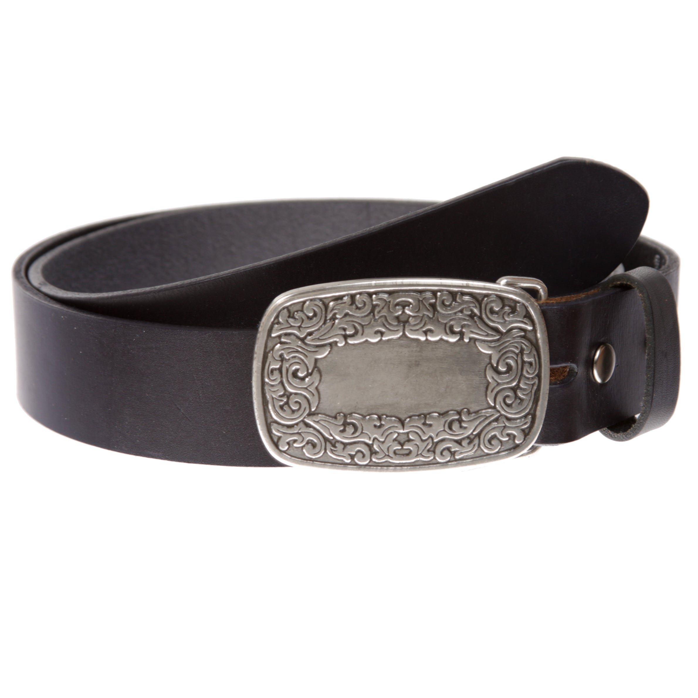 Snap On Leather Jean Belt with Western Fancy Scroll Engraving Oval Buckle - OnlineBelts