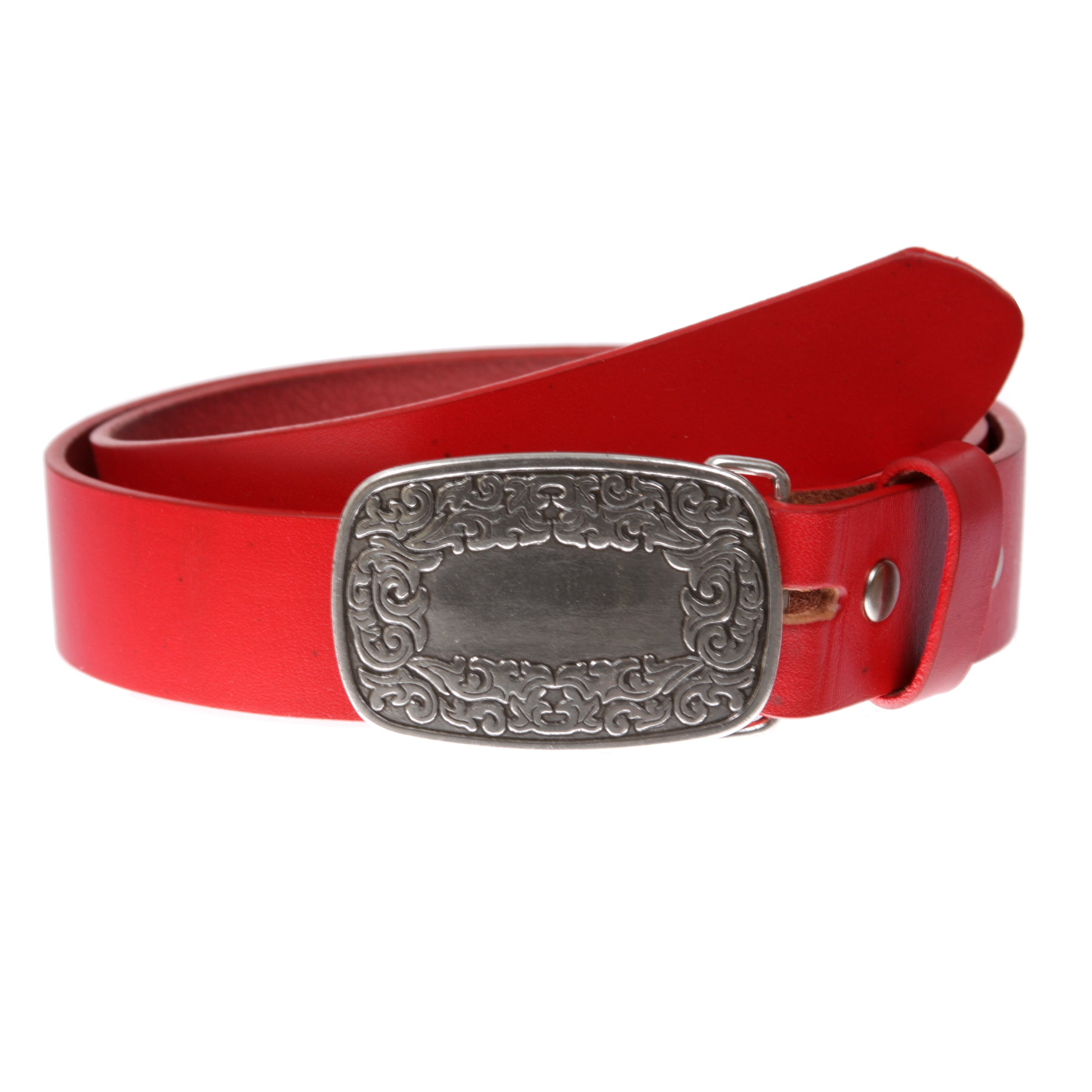 Snap On Leather Jean Belt with Western Fancy Scroll Engraving Oval Buckle - OnlineBelts