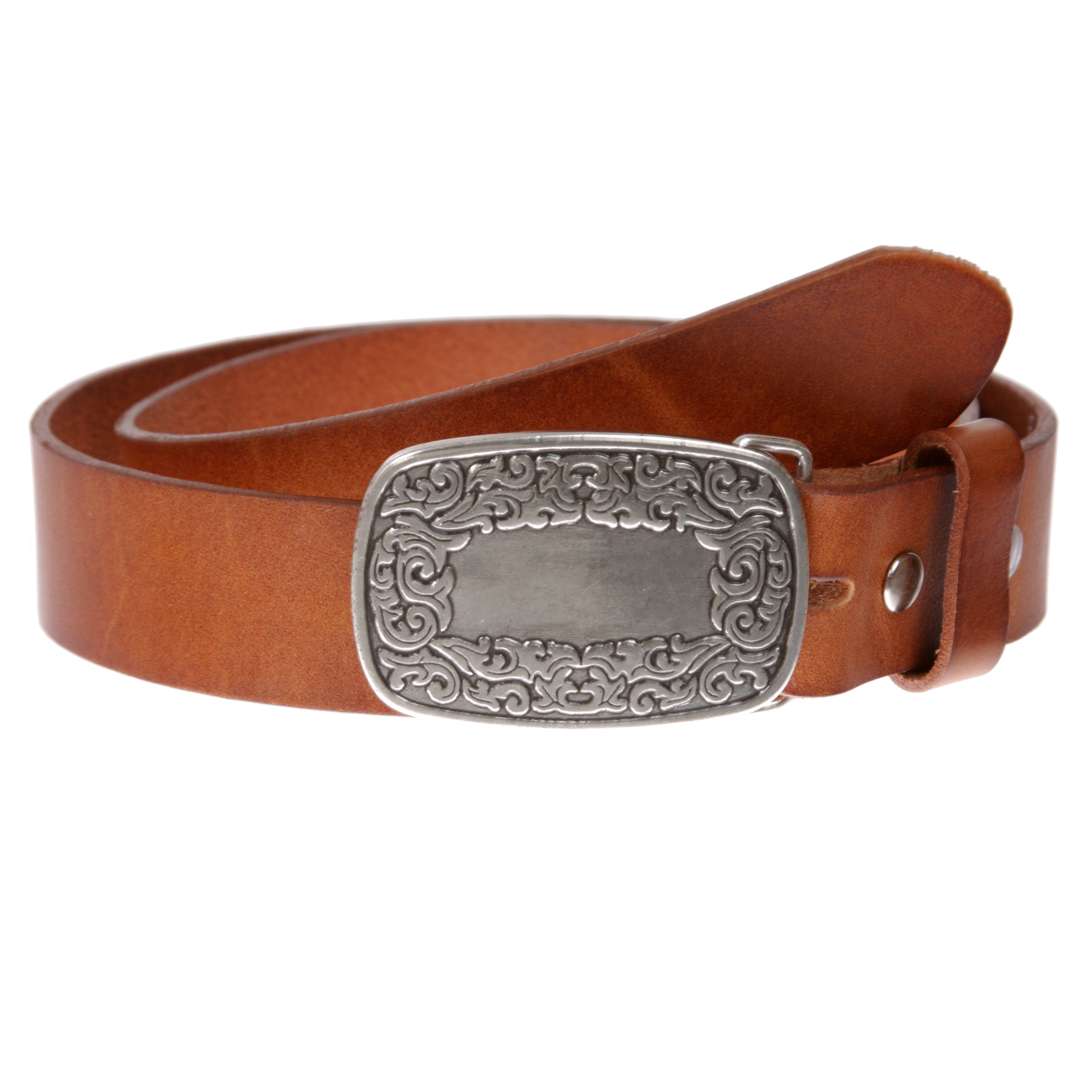 Snap On Leather Jean Belt with Western Fancy Scroll Engraving Oval Buckle - OnlineBelts
