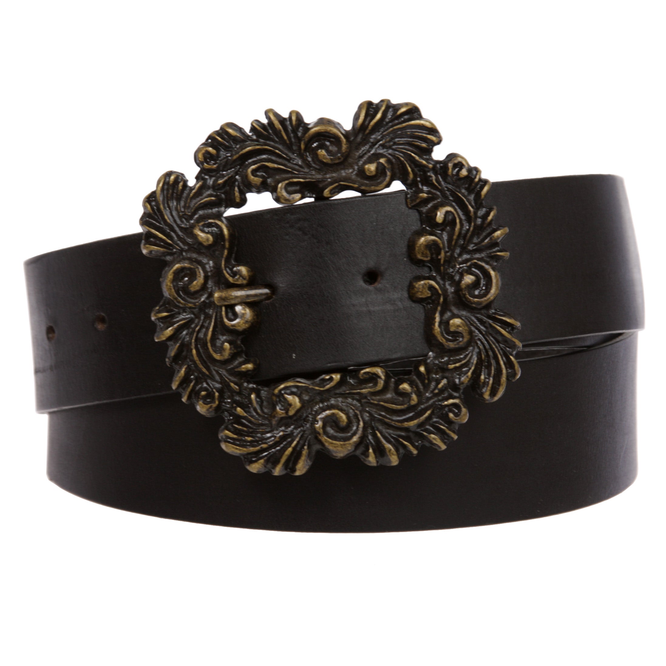 Women's 1 1/2" Wide High Waist Cow Leather Belt With Engraving Brass Buckle - OnlineBelts