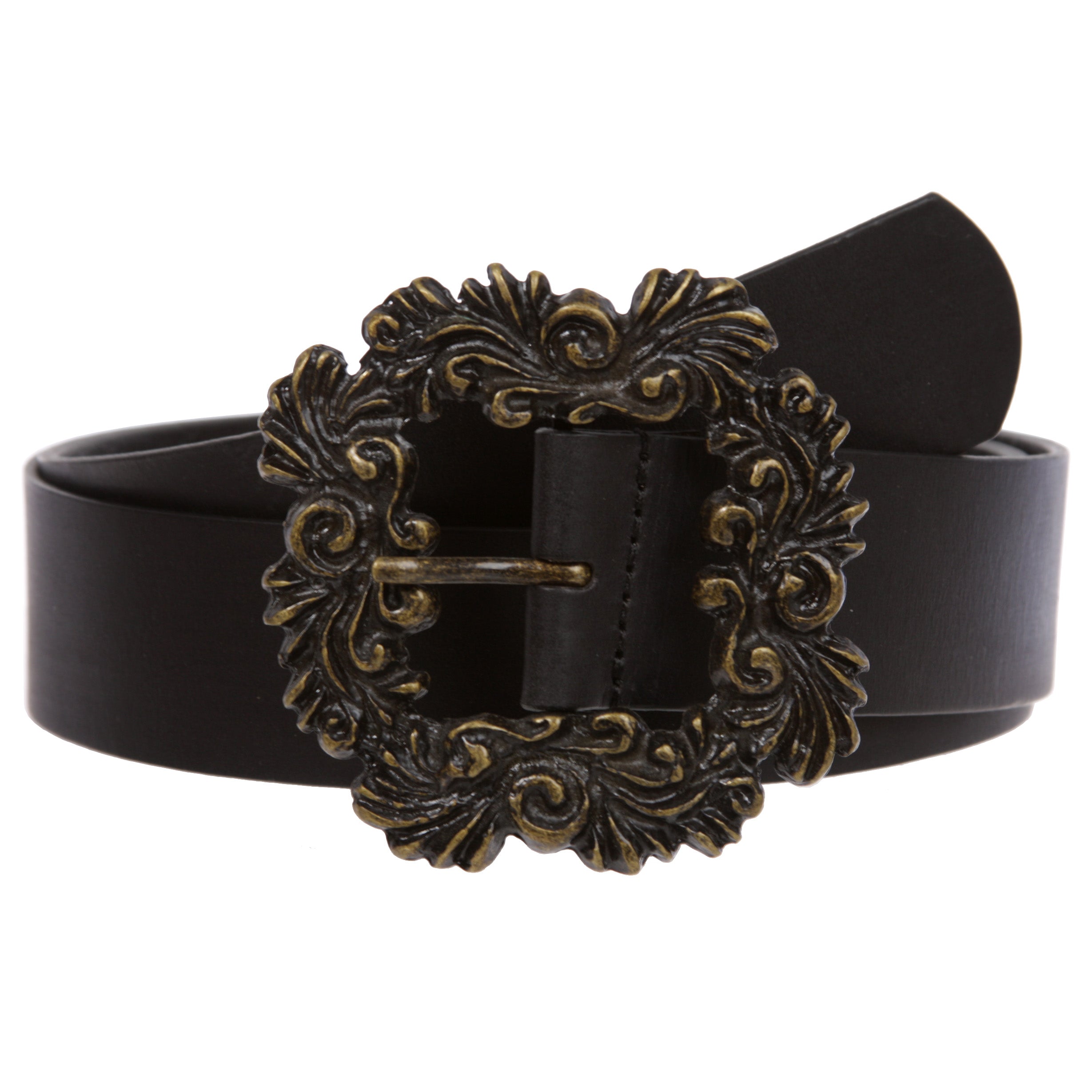 Women's 1 1/2" Wide High Waist Cow Leather Belt With Engraving Brass Buckle - OnlineBelts