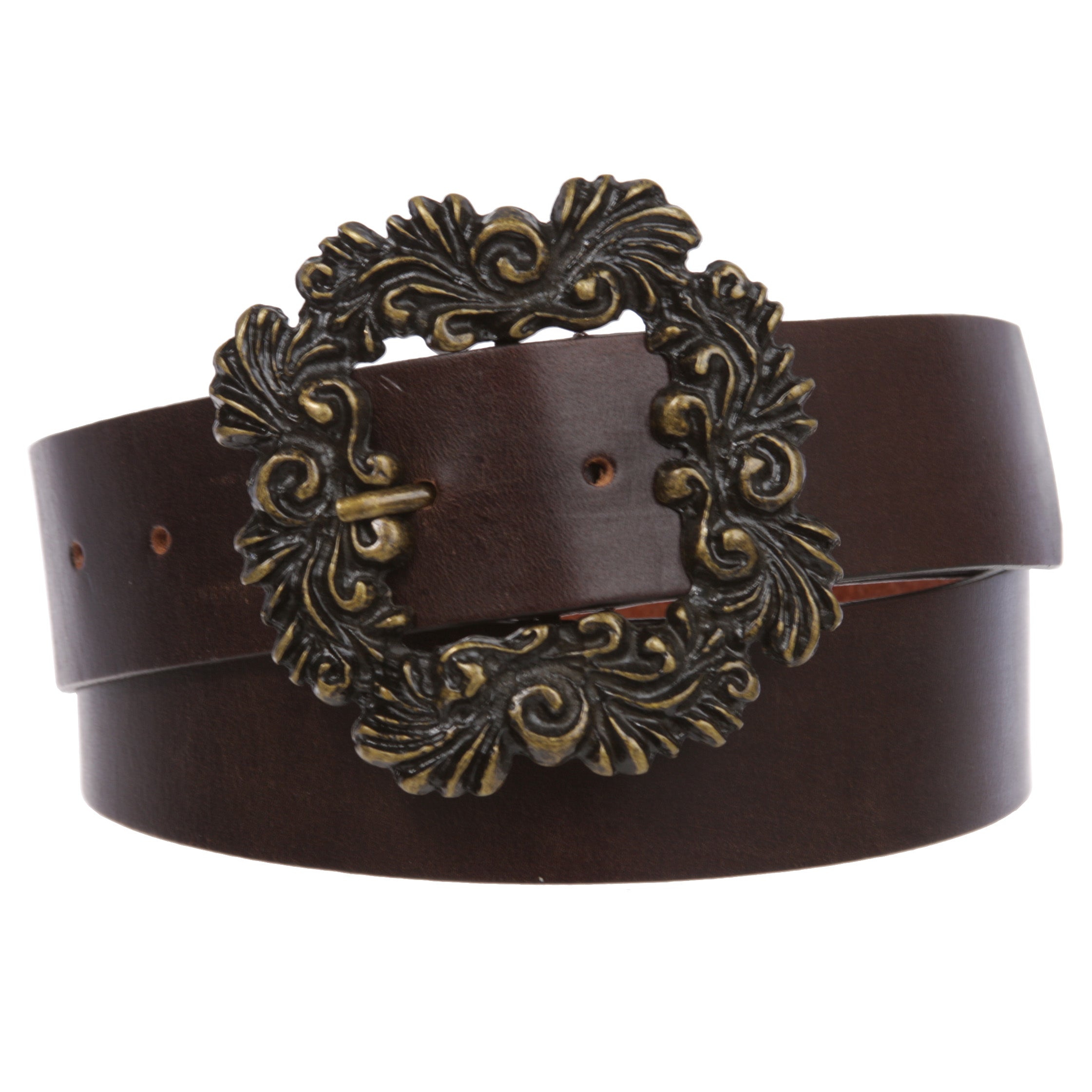 Women's 1 1/2" Wide High Waist Cow Leather Belt With Engraving Brass Buckle - OnlineBelts