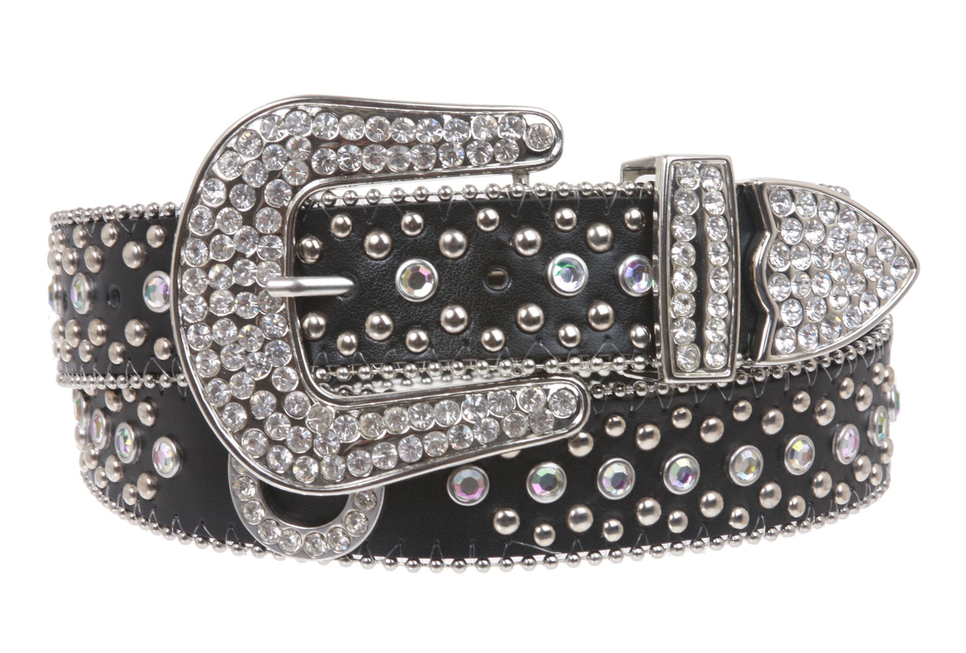 Ladies Western Rhinestone Silver Circle Studs and Horseshoes Decoration Genuine Leather Belt - OnlineBelts