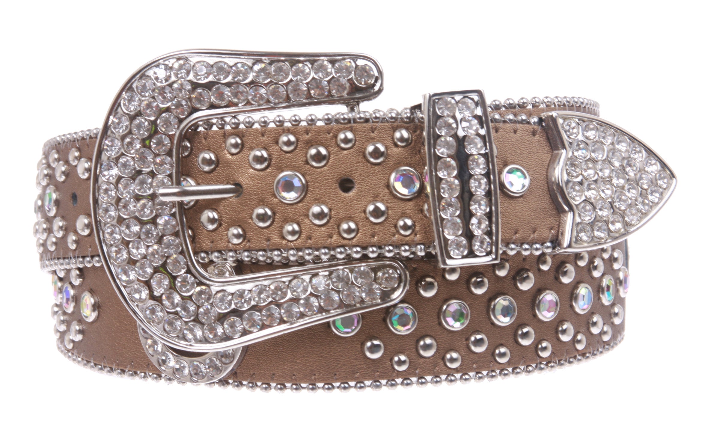 Ladies Western Rhinestone Silver Circle Studs and Horseshoes Decoration Genuine Leather Belt - OnlineBelts