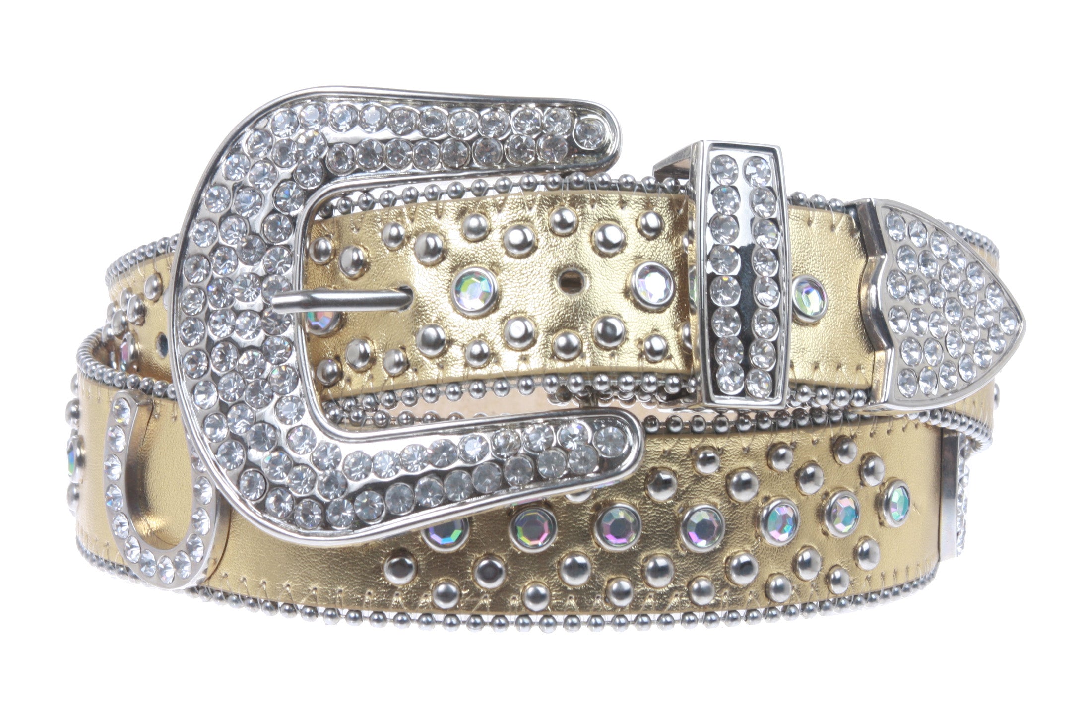 Ladies Western Rhinestone Silver Circle Studs and Horseshoes Decoration Genuine Leather Belt - OnlineBelts