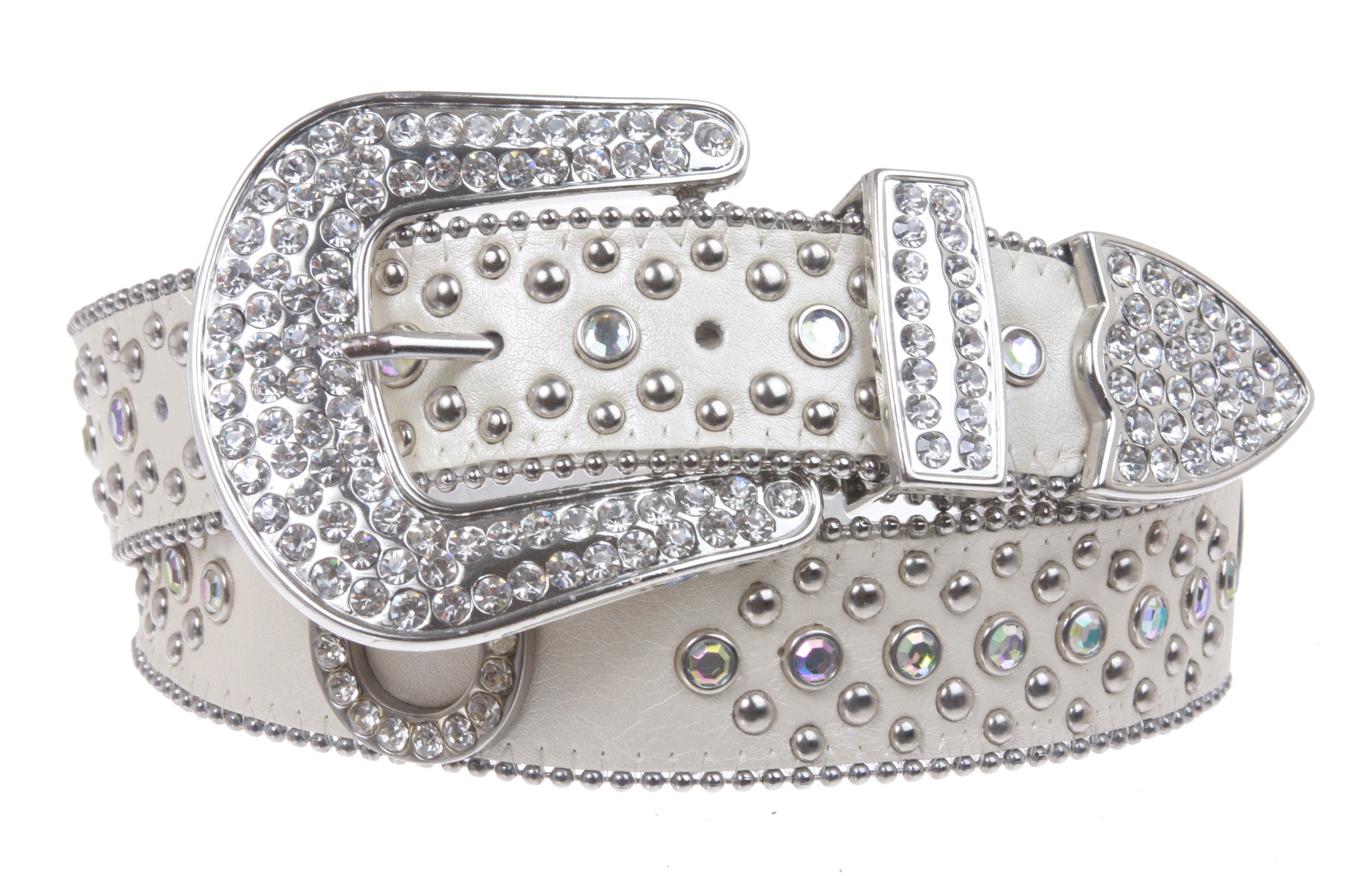 Ladies Western Rhinestone Silver Circle Studs and Horseshoes Decoration Genuine Leather Belt - OnlineBelts