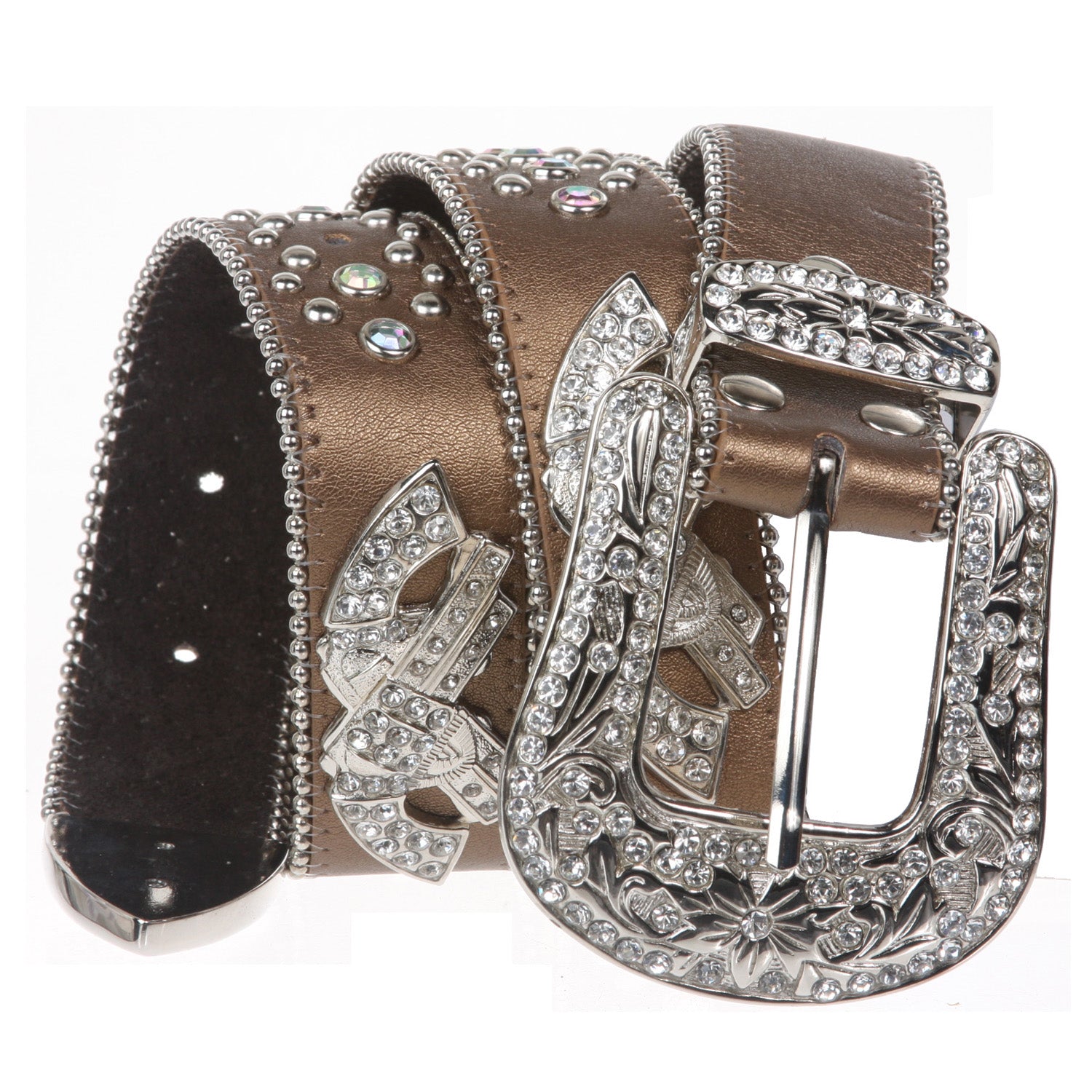 Western Rhinestone Double Gun Ornaments Studded Genuine Leather Belt - OnlineBelts